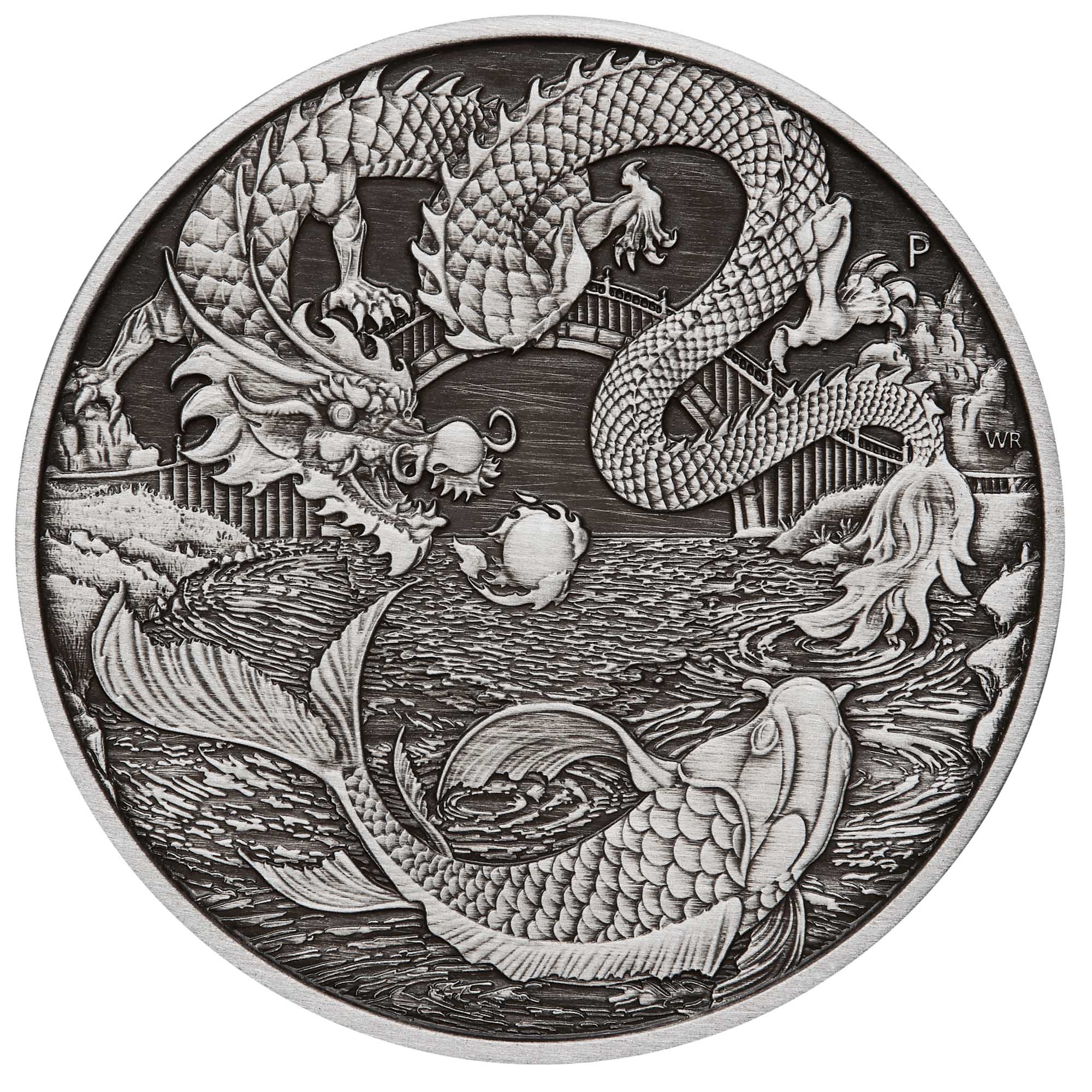 Myths Legends Dragon and Koi 2023 1oz Silver Antiqued Coin in Card