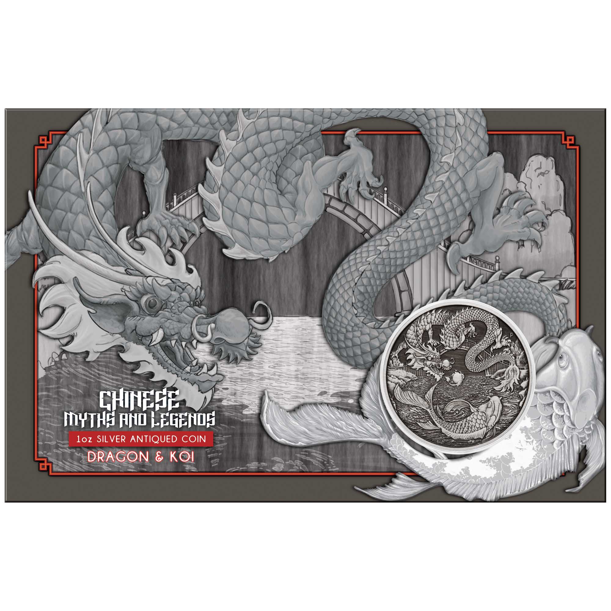 00 2023 Dragon & Koi 1oz Silver Antiqued Coin InCard HighRes