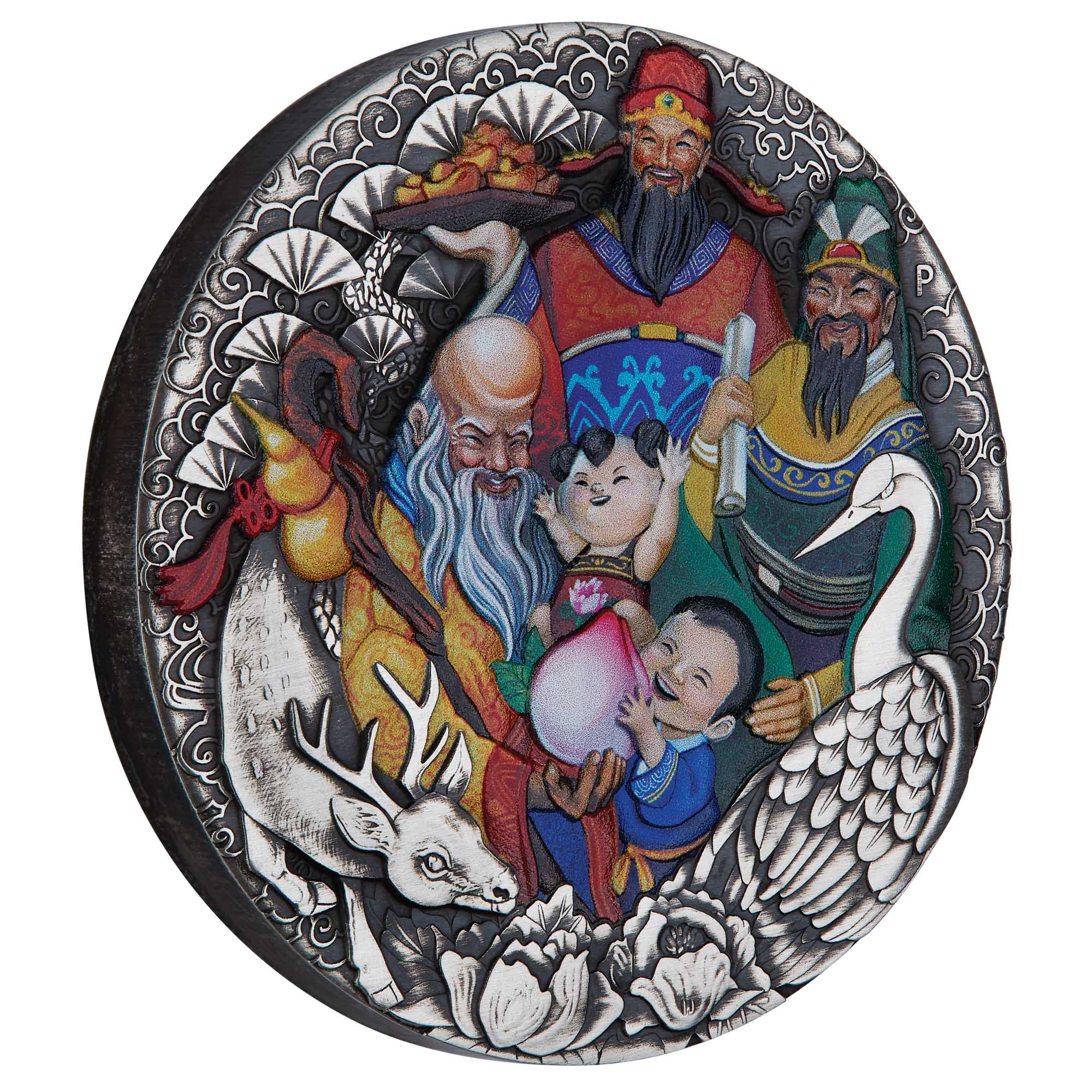 01 2023 FuLuShou 5oz Silver Antiqued Coin On Edge HighRes