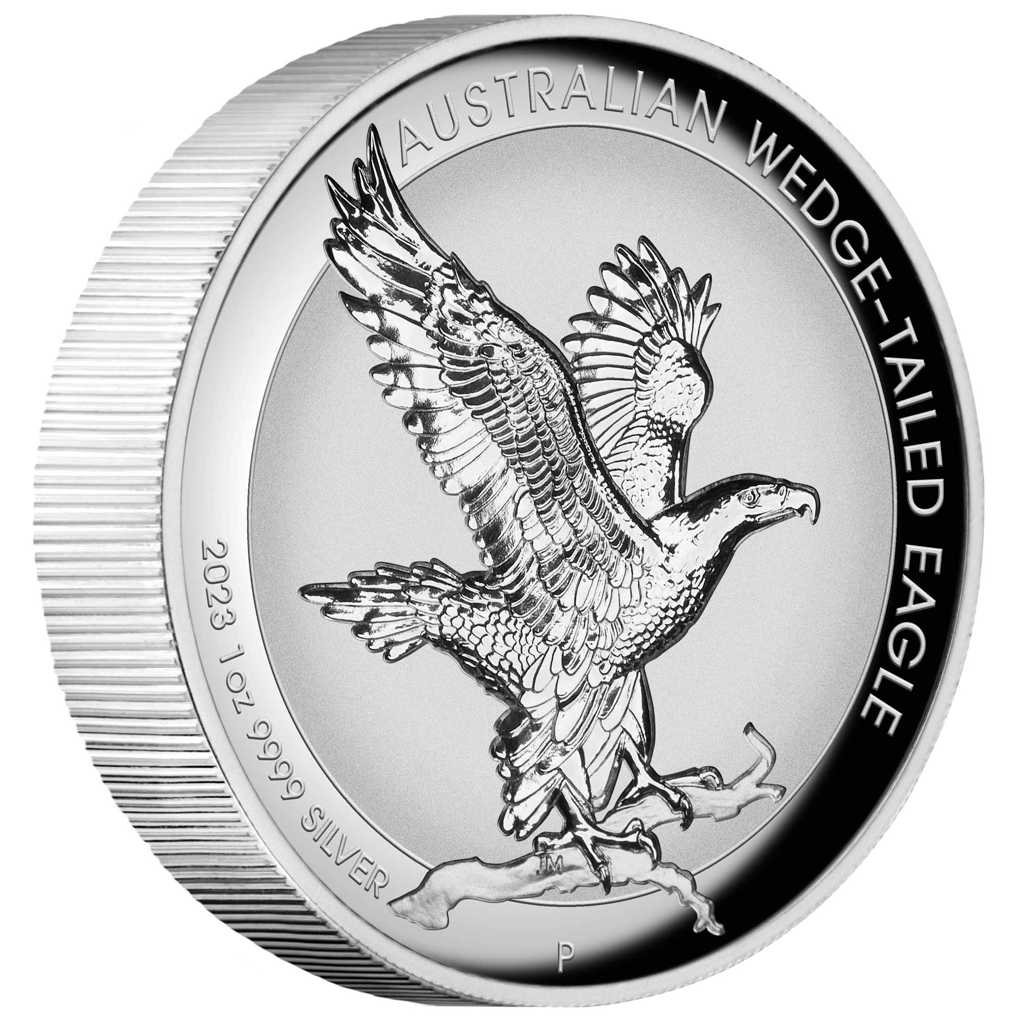 01 2023 AustralianWedge TailedEagle 1oz Silver Proof Incused Coin OnEdge HighRes