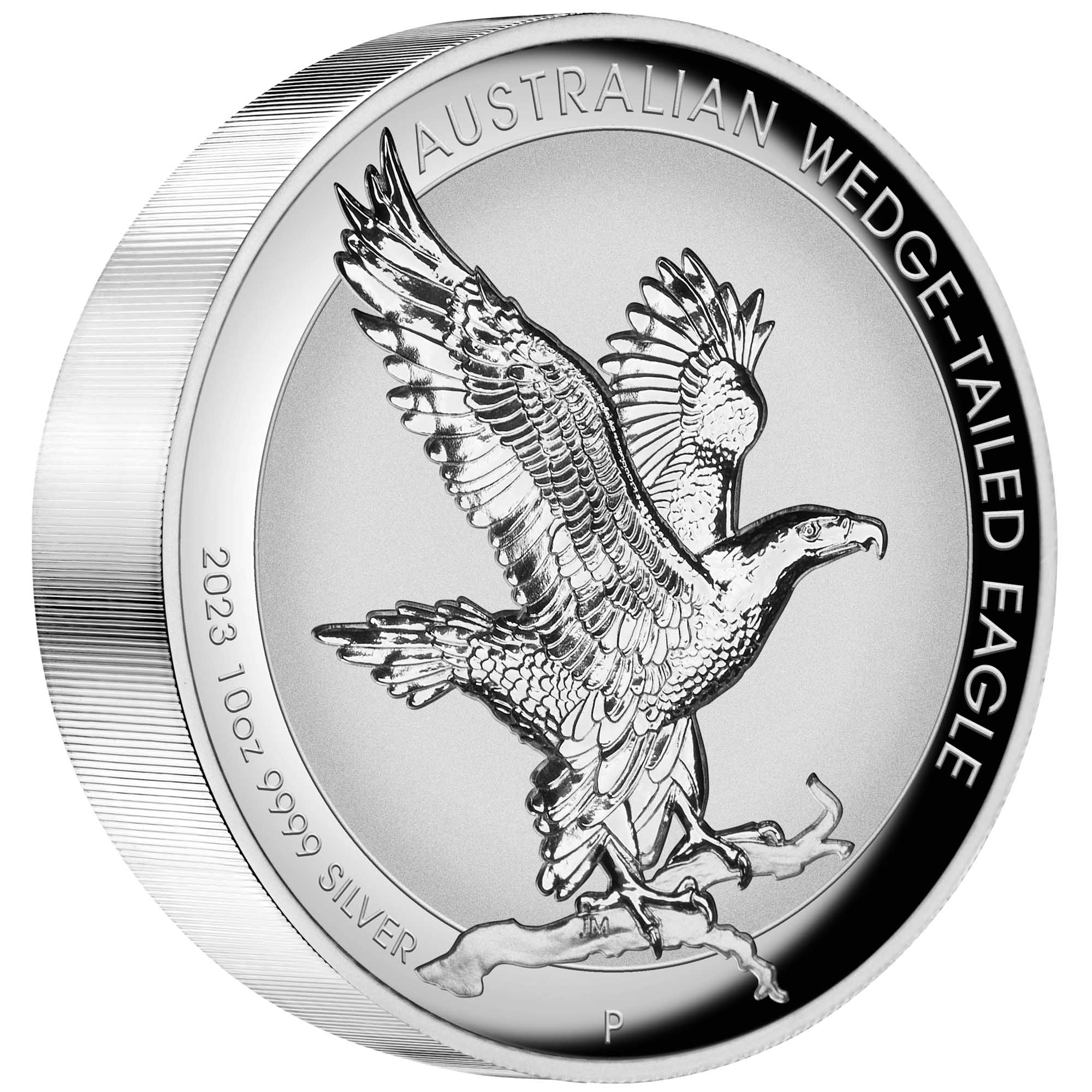 01 2023 AustralianWedge TailedEagle 10oz Silver Proof Incused Coin OnEdge HighRes