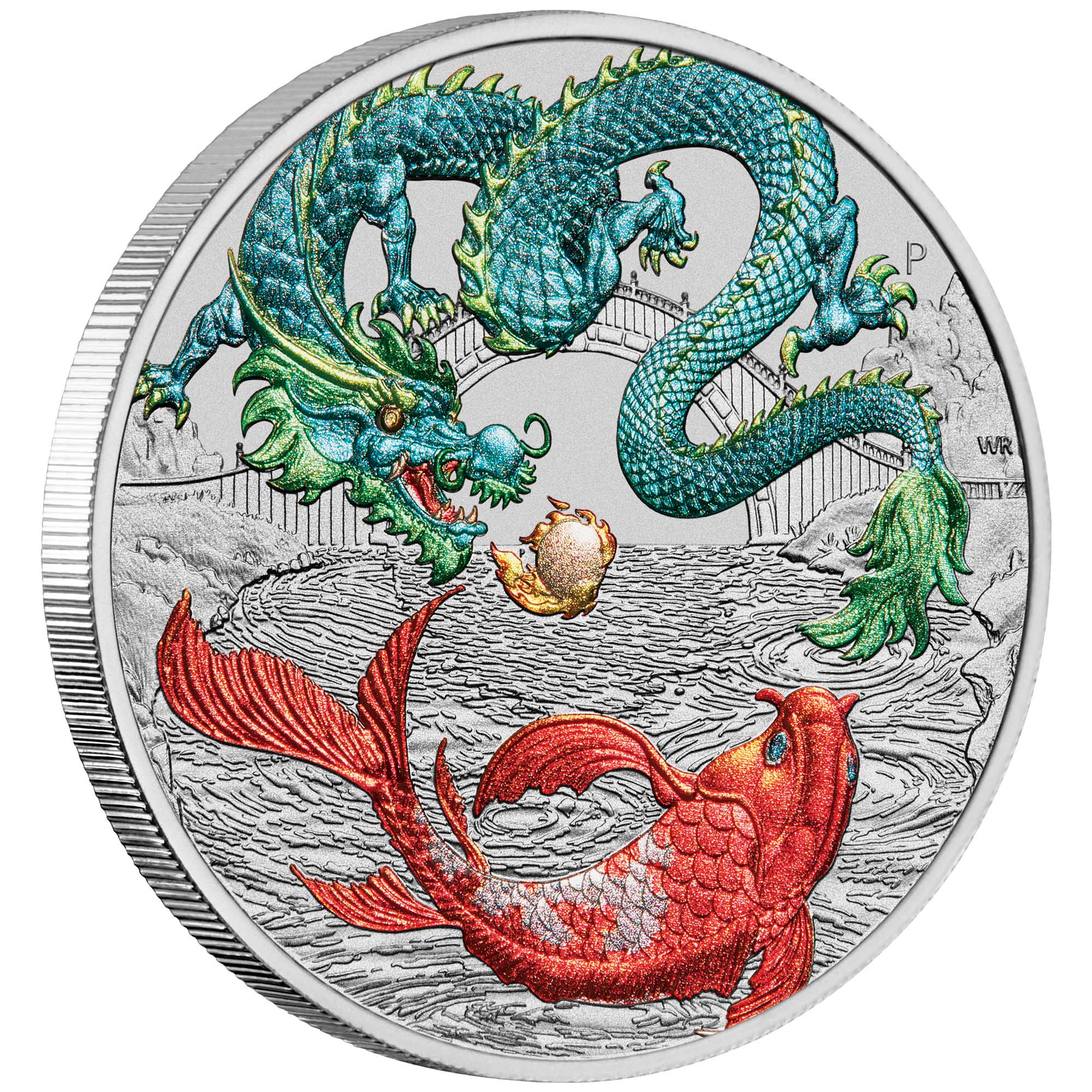 02 Dragon & Koi 2023 1oz Silver Vivid Coloured Coin OnEdge HighRes