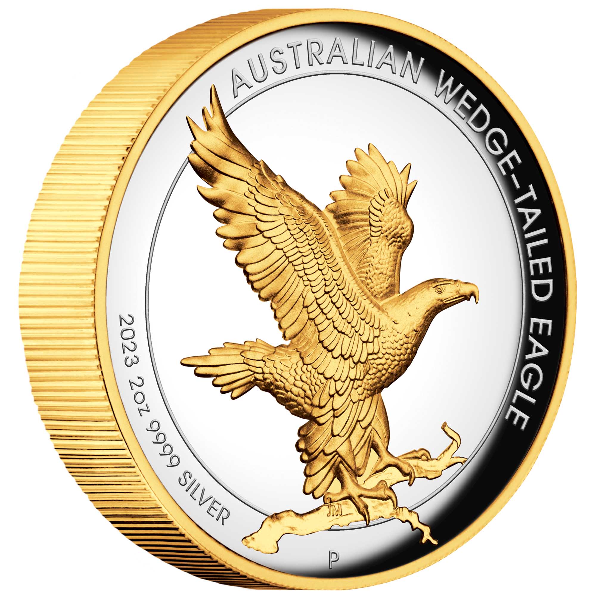 01 2023 Wedge Tailed Eagle 2oz Silver Proof High Relief Gilded Coin OnEdge HighRes