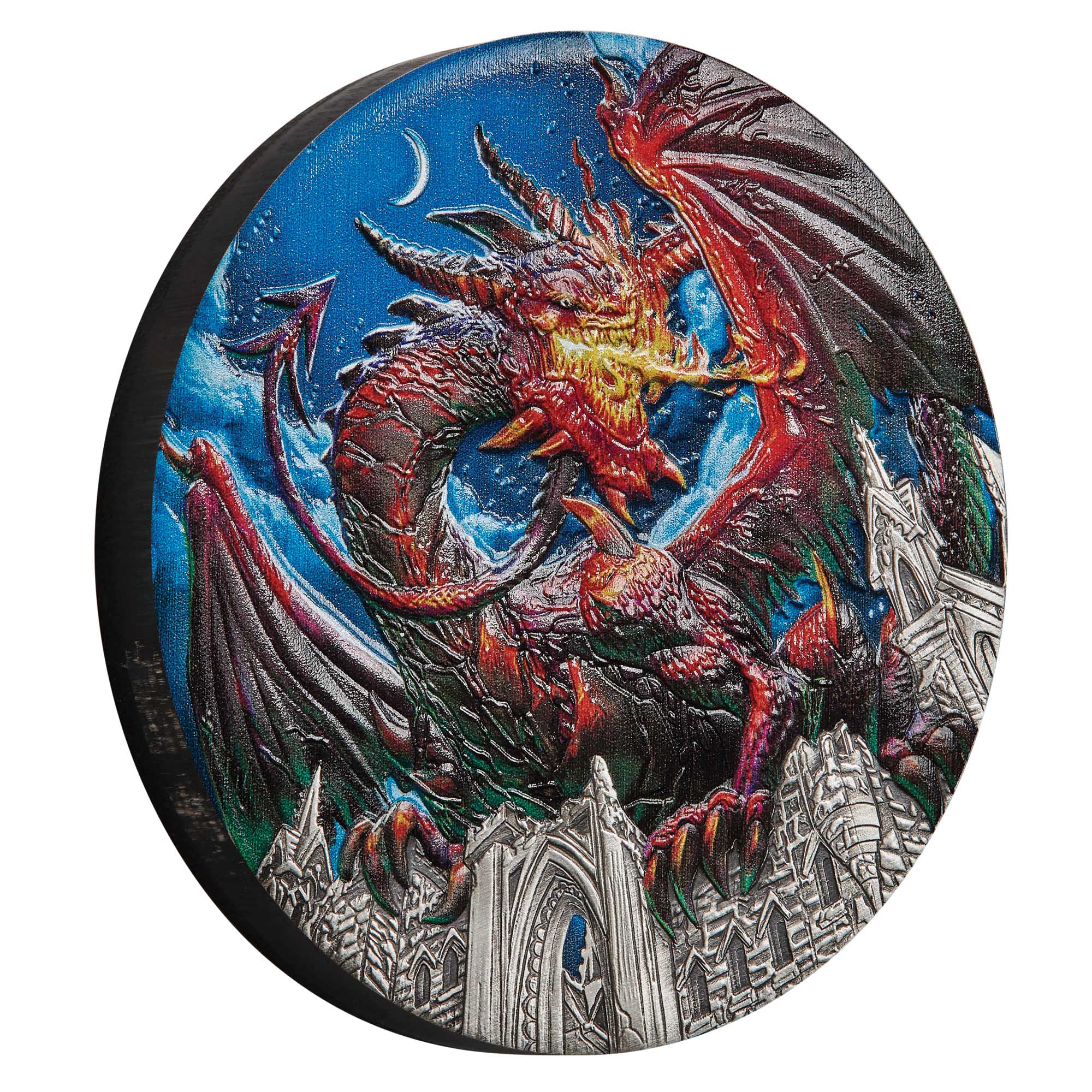 01 Dragon 2023 5oz Silver Antiqued Coloured Coin OnEdge HighRes