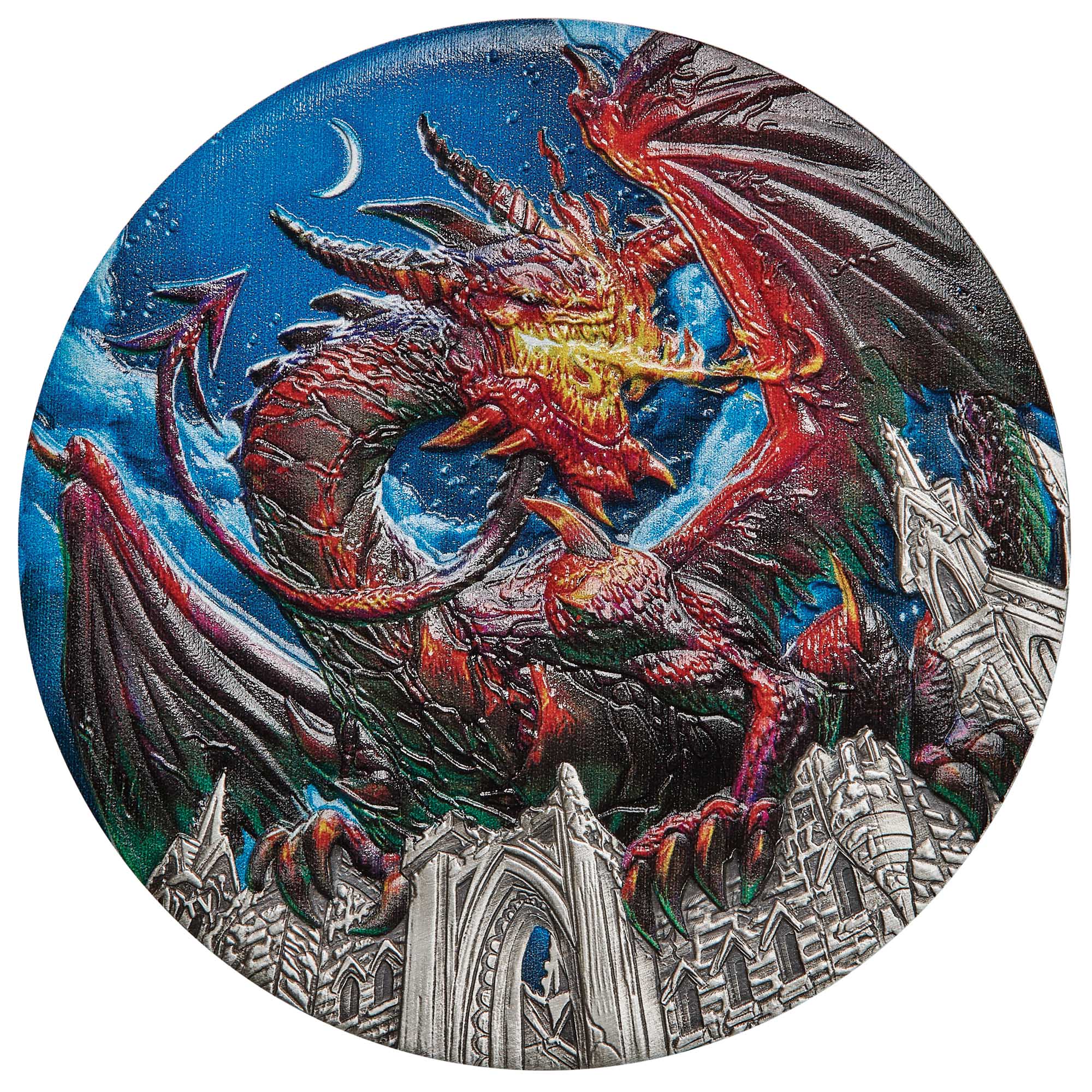 02 Dragon 2023 5oz Silver Antiqued Coloured Coin StraightOn HighRes