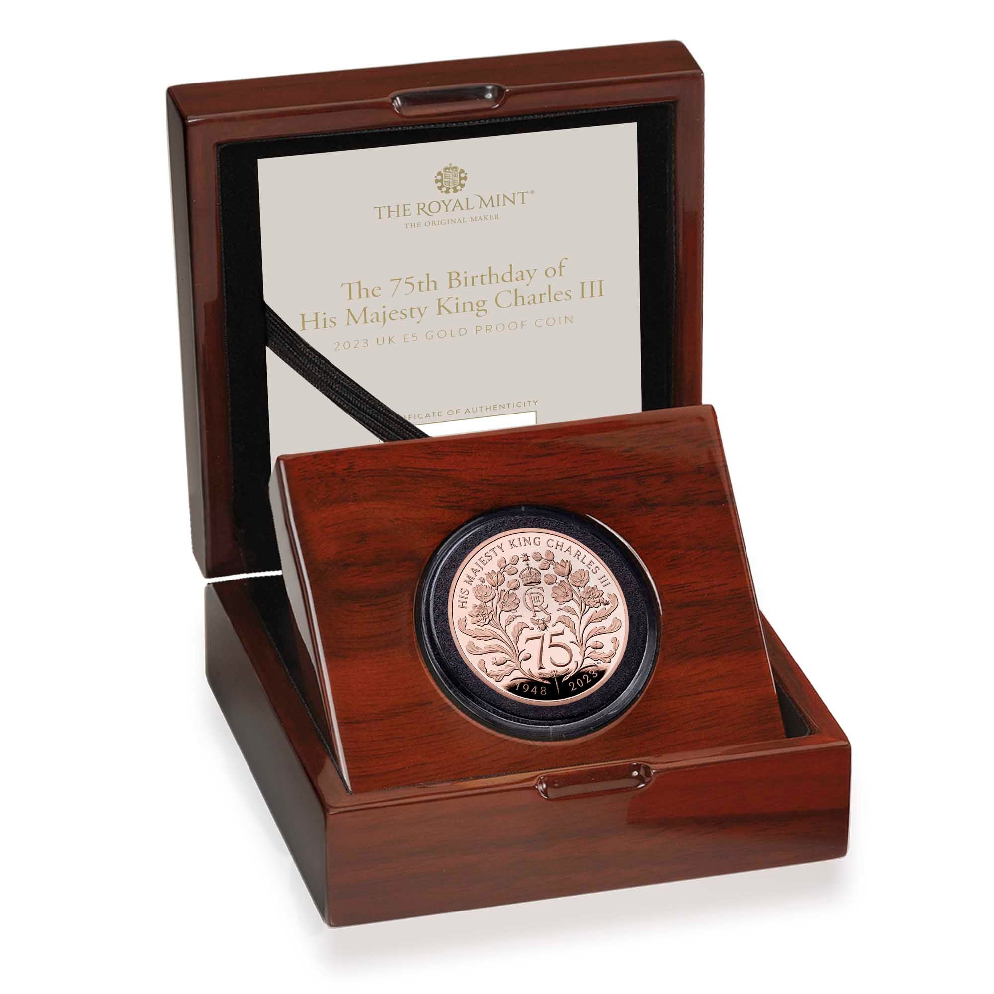 04 75th Birthday of His Majesty King Charles III 2023 UK GBP5 Gold Proof Coin Reverse Case Right