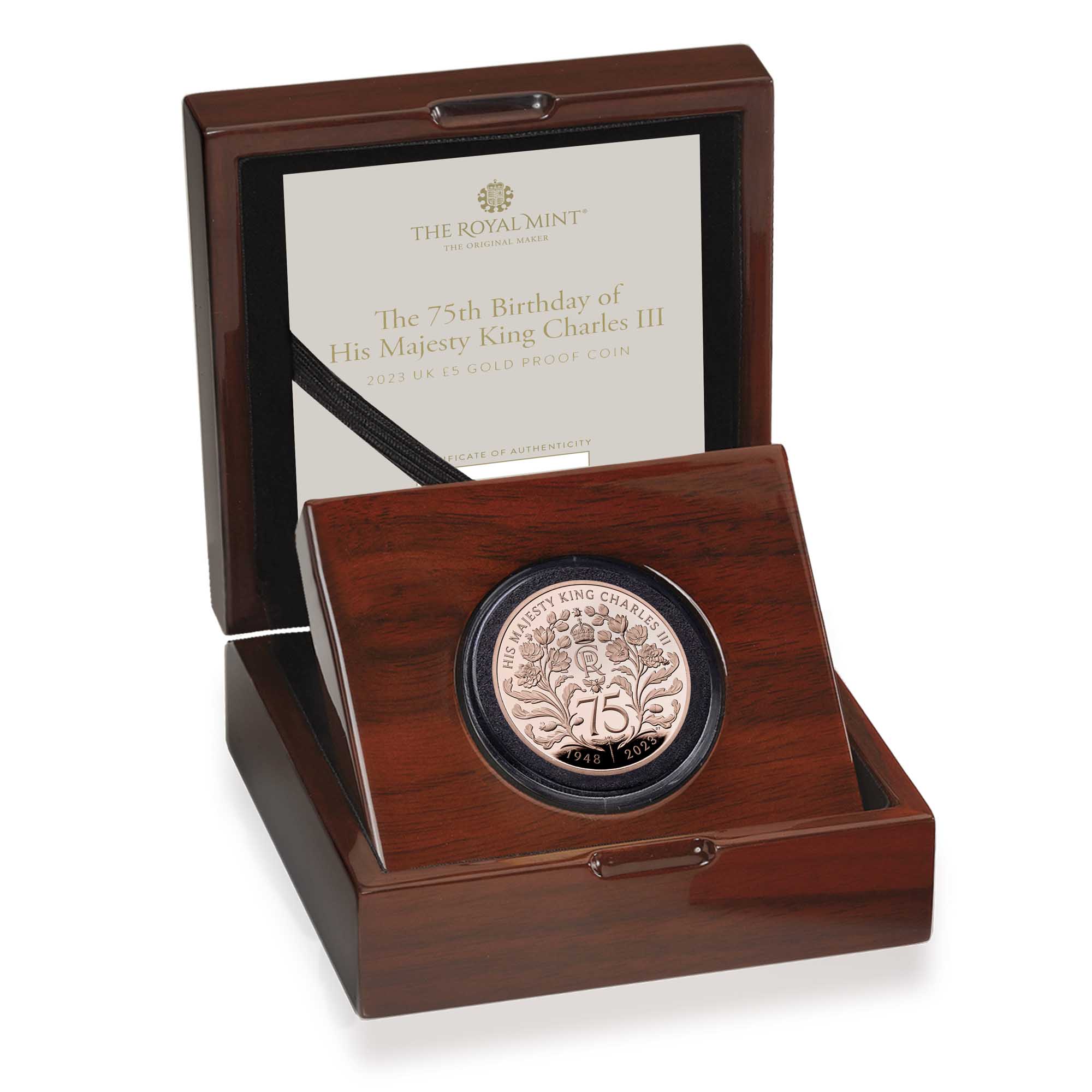 04 75th Birthday of His Majesty King Charles III 2023 UK GBP5 Gold Proof Coin Reverse Case Right