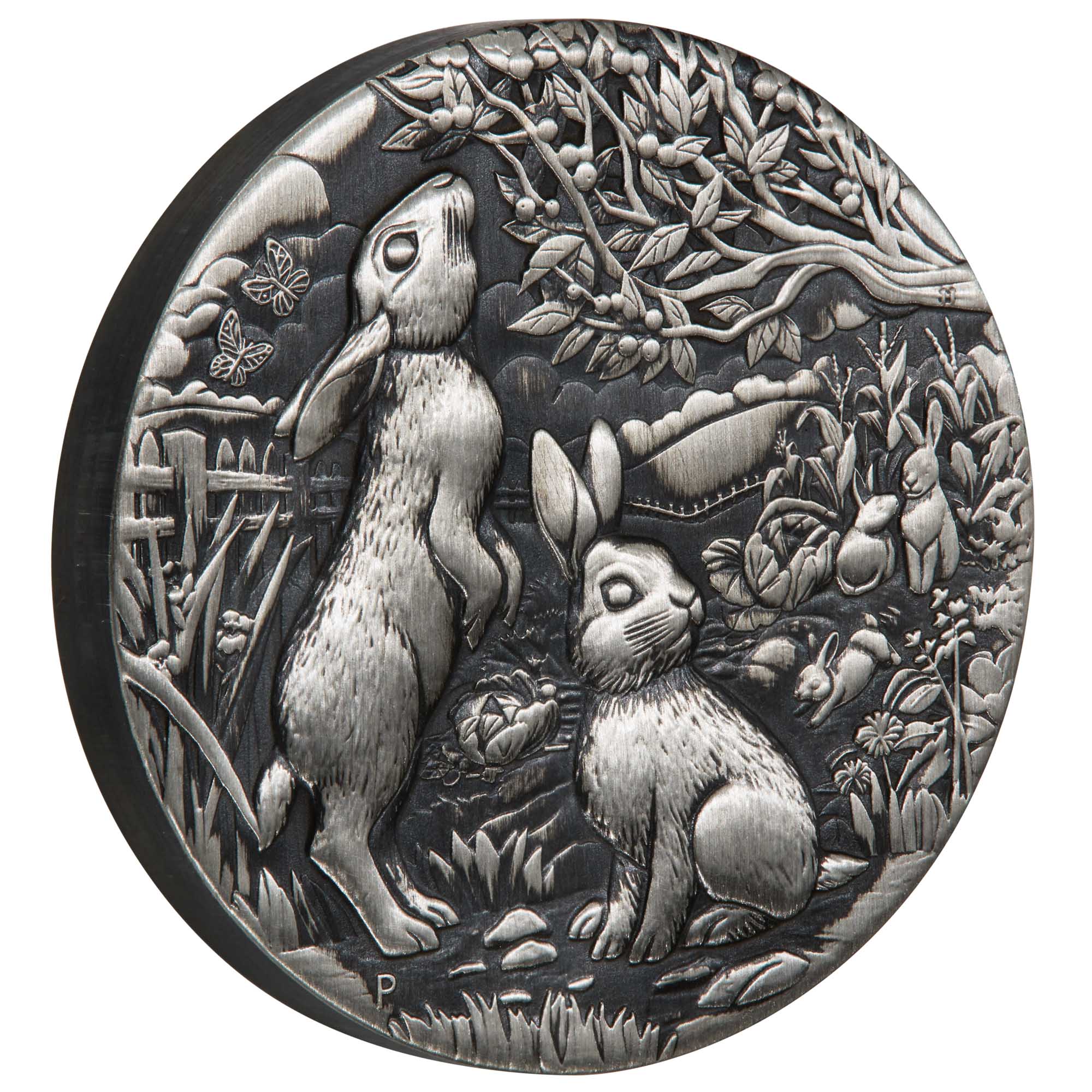 01 2023 AUSTRALIAN LUNAR SERIES III YOT Rabbit 2oz Silver Antiqued Coin StraightOn HighRes