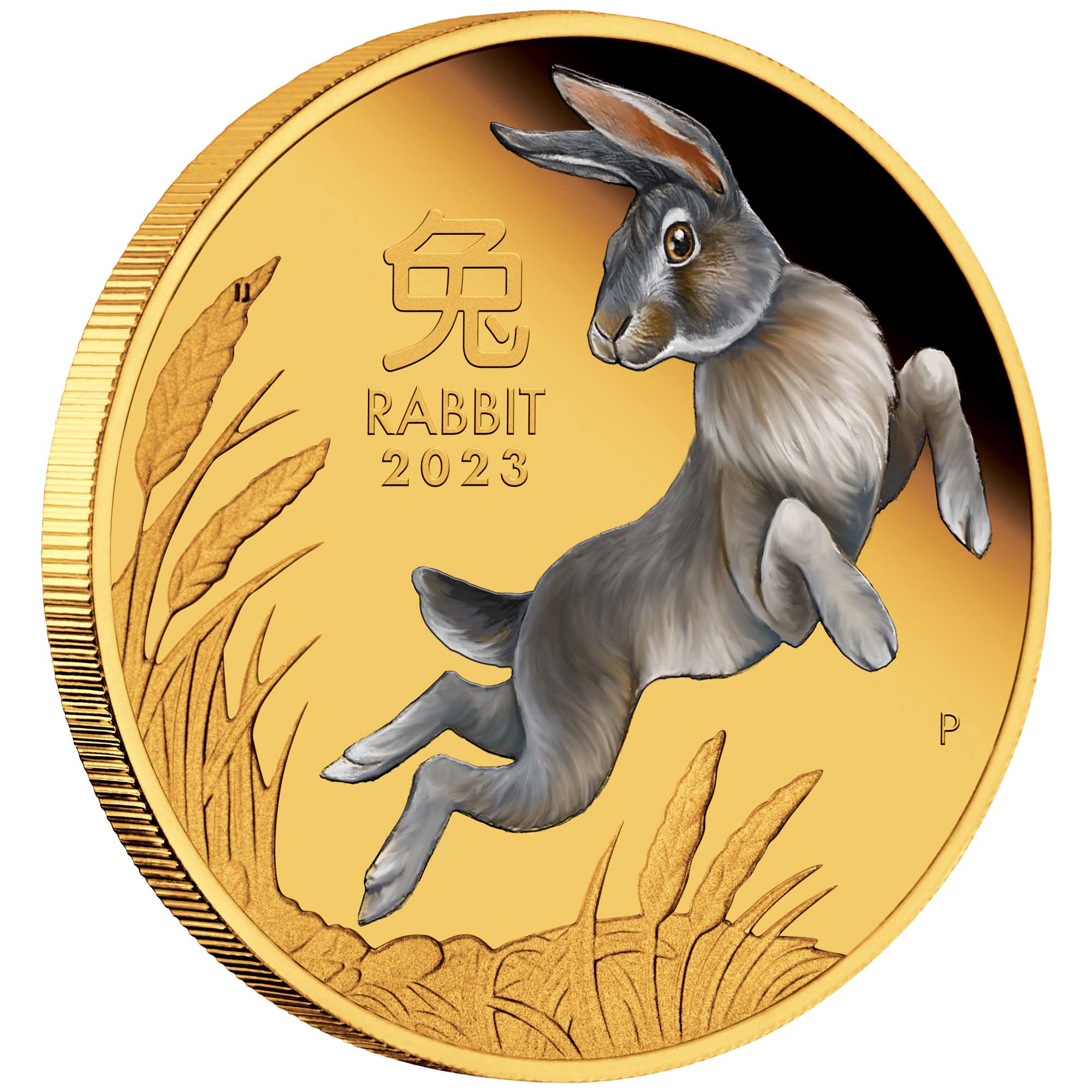 01 2023 Year of the Rabbit 1oz Gold Proof Coloured Coin OnEdge HighRes