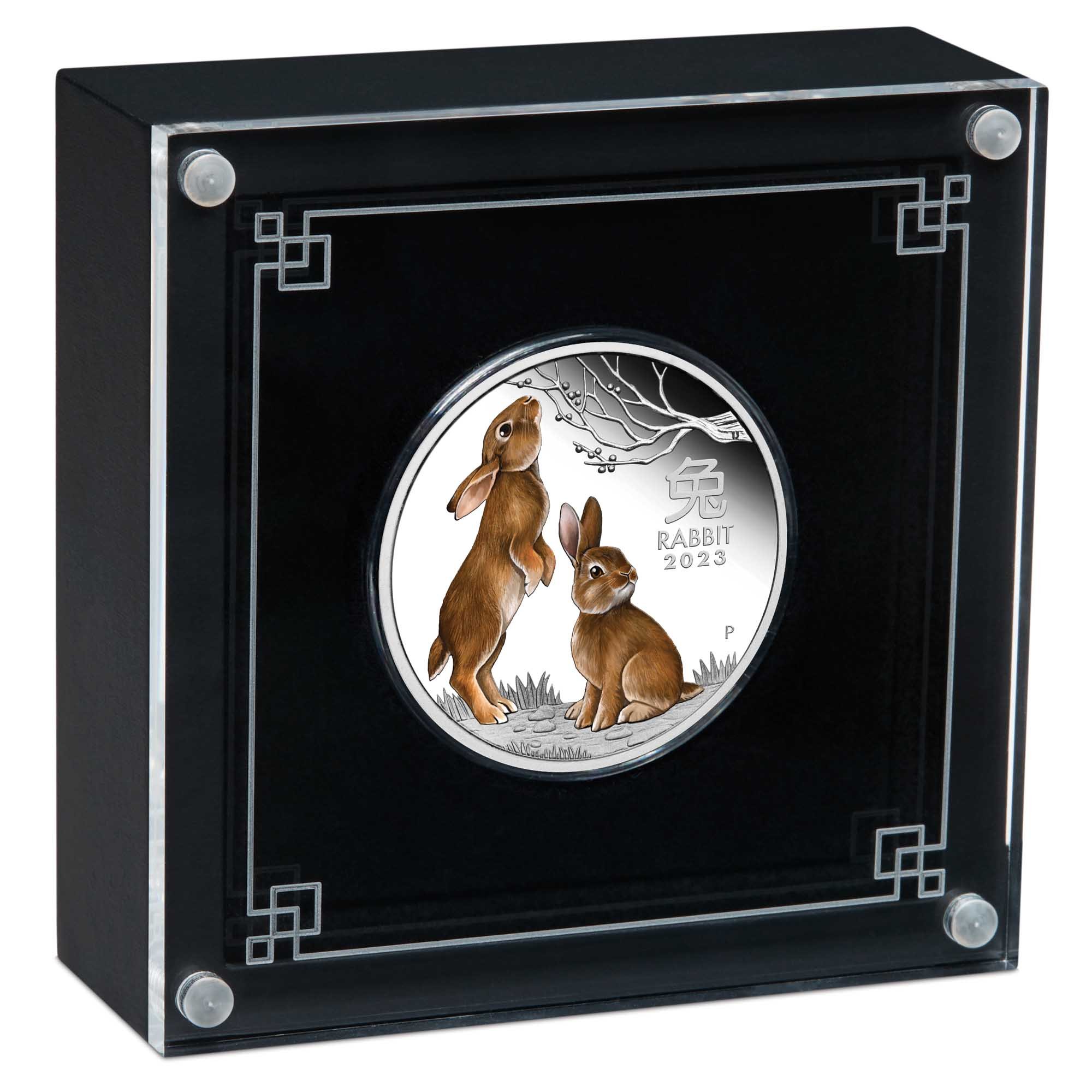 04 2023 Year of the Rabbit 1oz Silver Proof Coloured Coin InCase HighRes