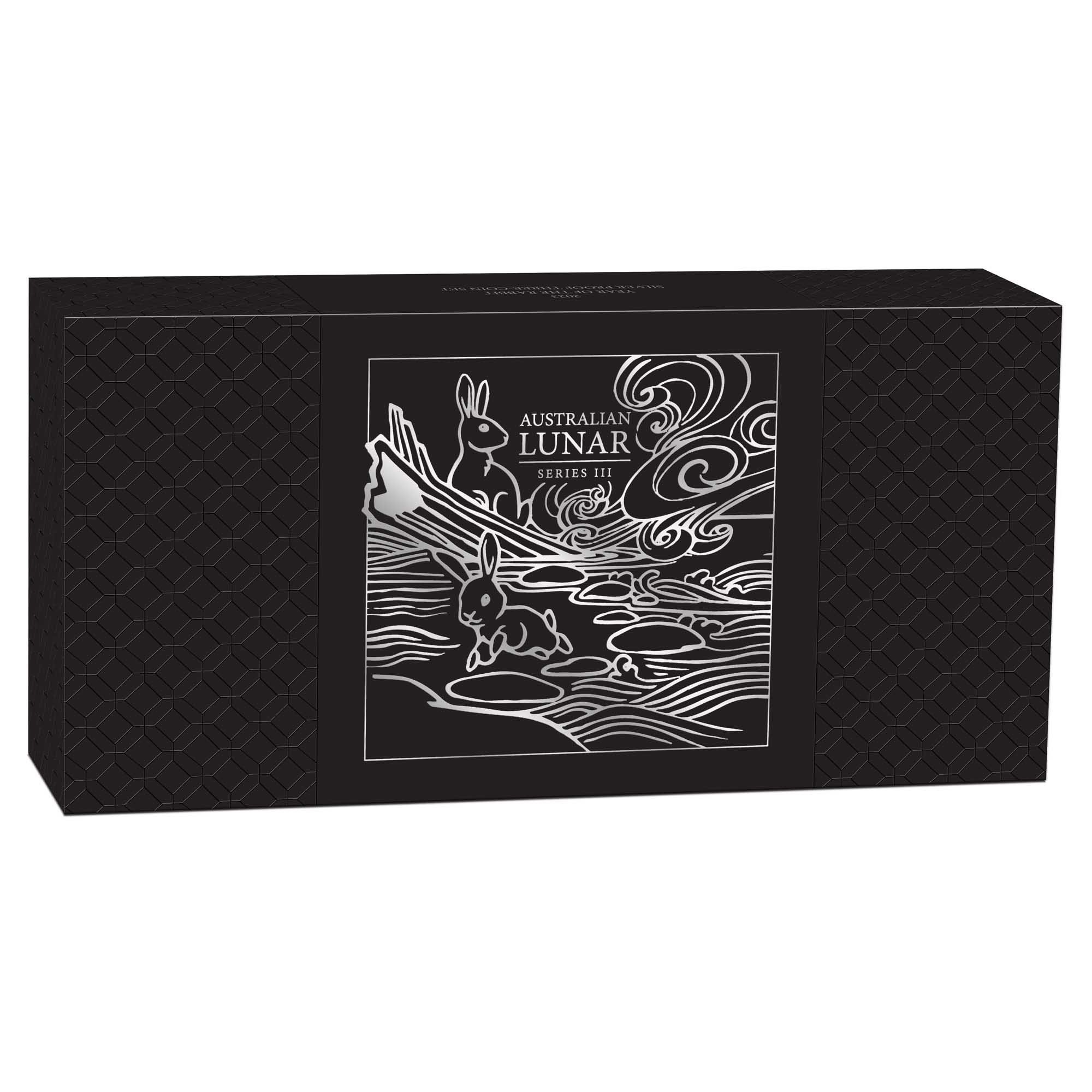 10 2023 Year of the Rabbit Silver Proof Three Coin Set InShipper HighRes