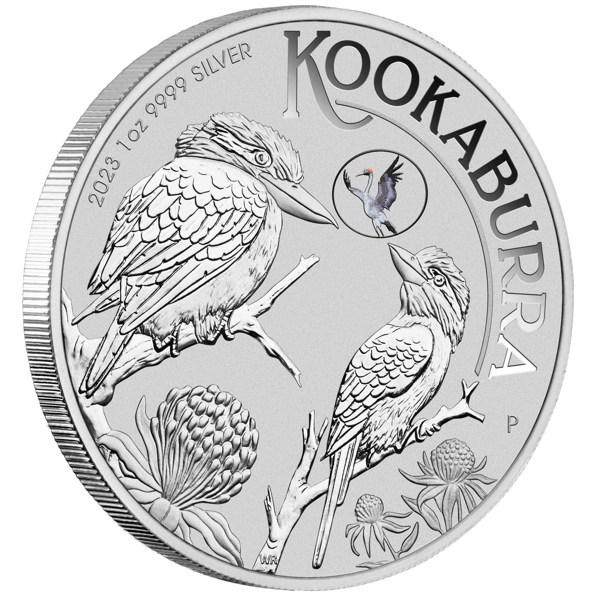 02 2023 Kookaburra 1oz Silver Coin with  Brolga Privy OnEdge HighRes