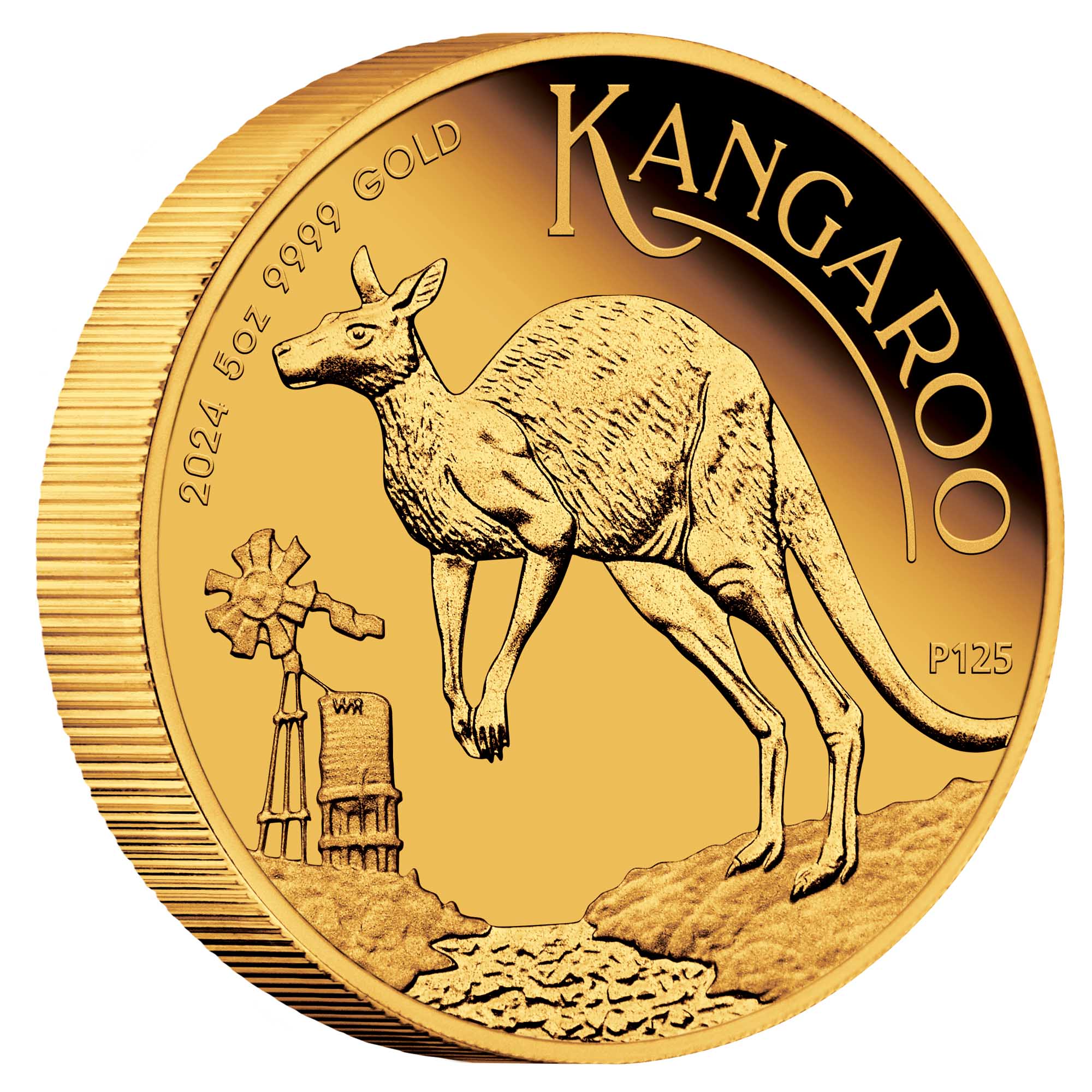 01 2024 Australian Kangaroo 5oz Gold Proof Coin OnEdge HighRes