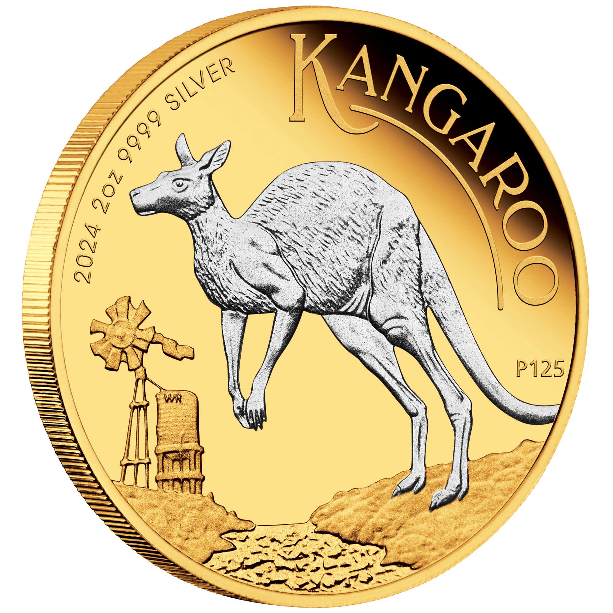 01 2024 Australian Kangaroo 2oz Silver Reverse Gilded Coin On Edge HighRes