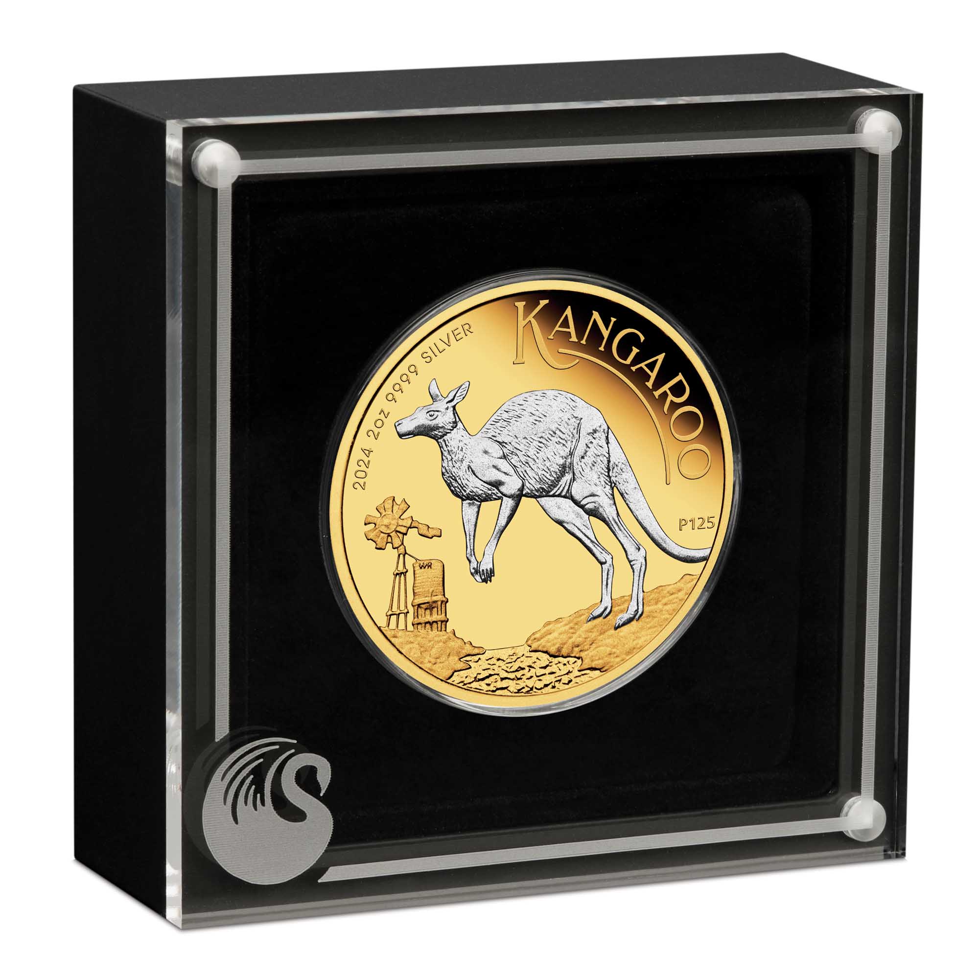 04 2024 Australian Kangaroo 2oz Silver Reverse Gilded Coin In Case HighRes