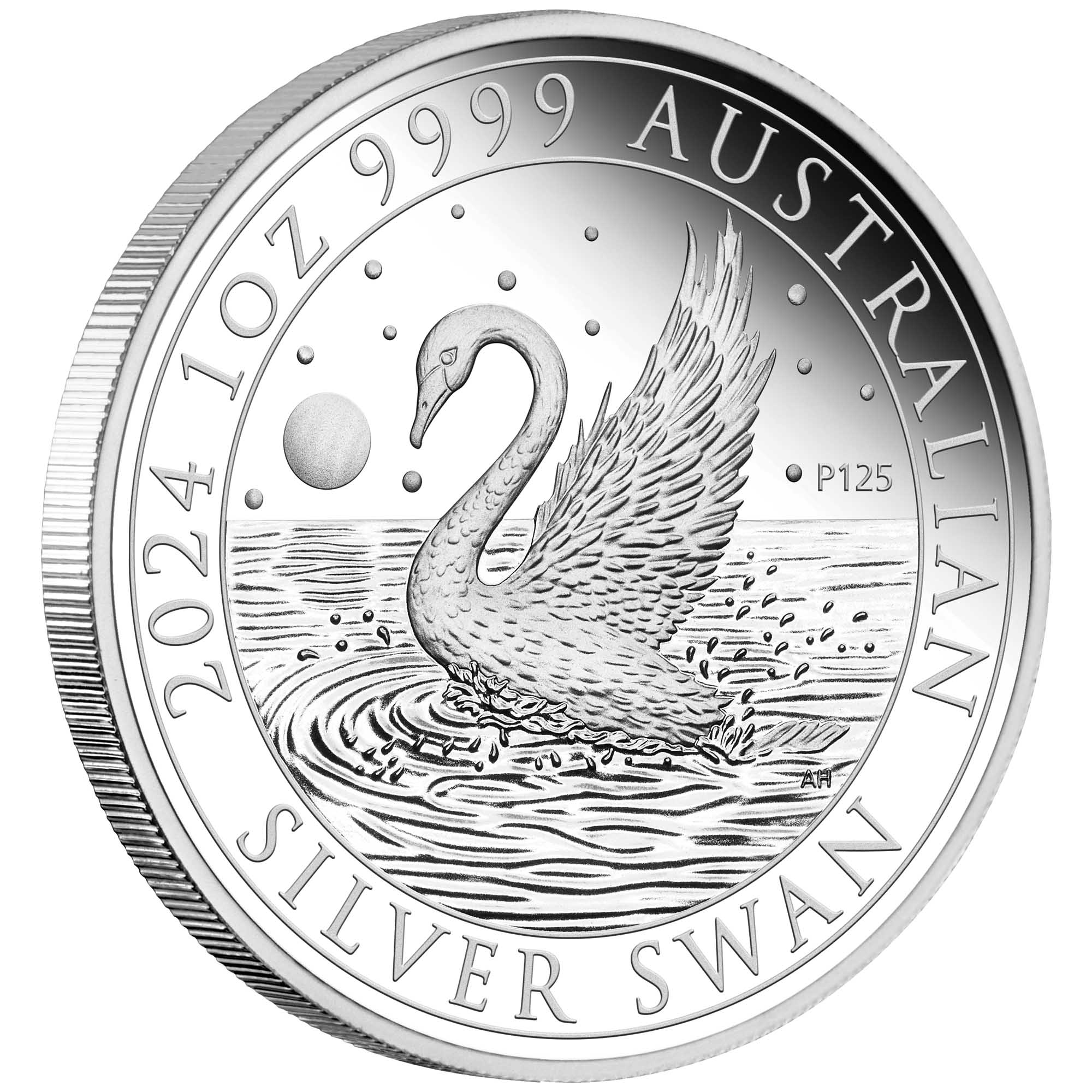 01 2024 AustralianSwan 1oz Silver Proof Coin OnEdge HighRes
