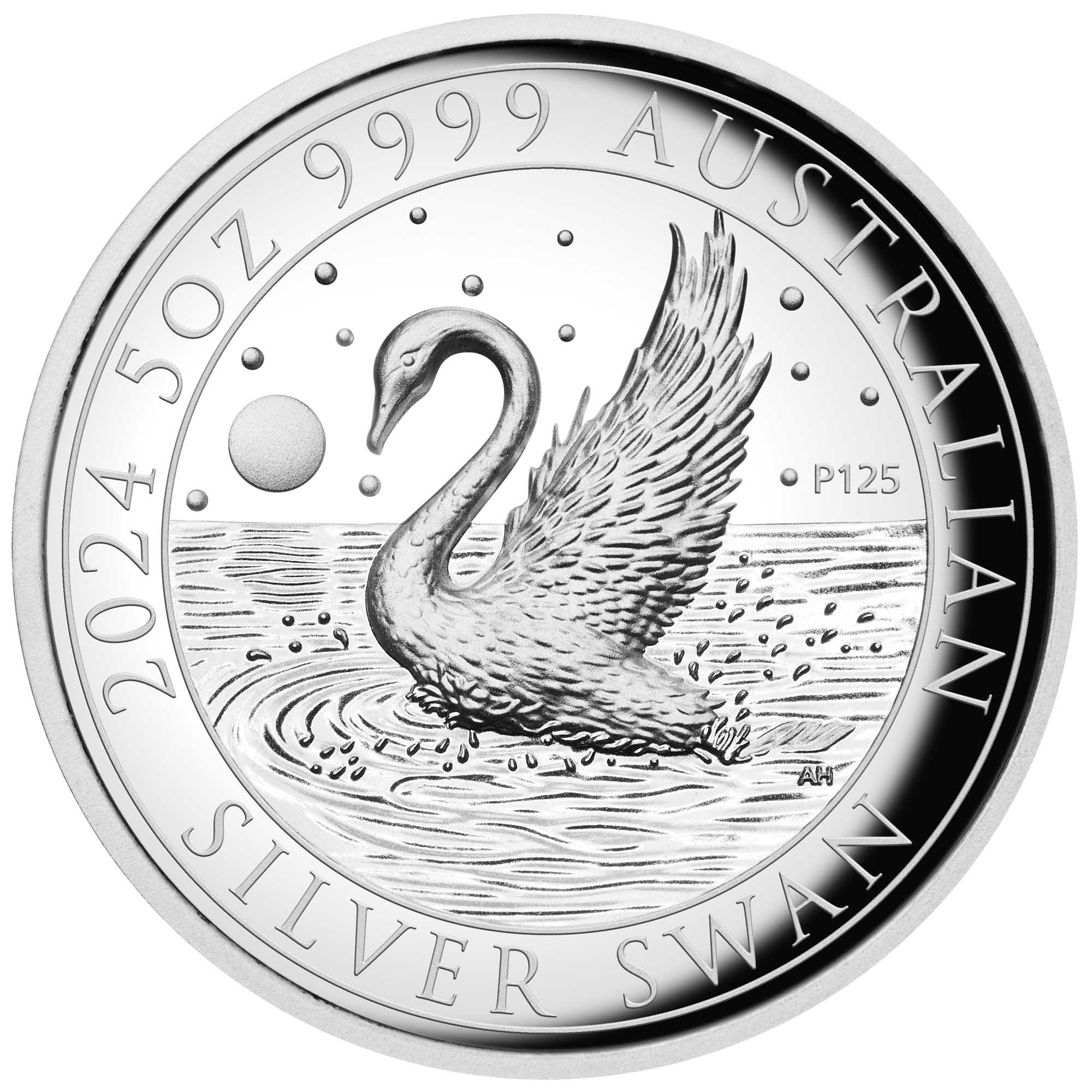 02 Australian Swan 2024 5oz Silver Proof High Relief  Coin Straight On HighRes