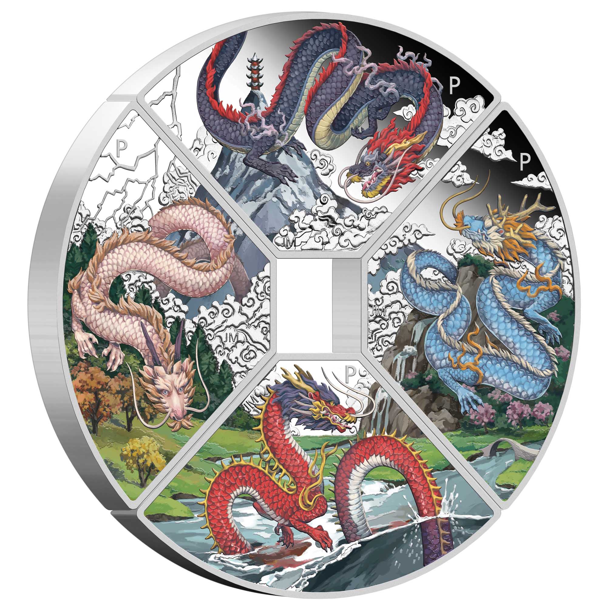 001 2024 Lunar Quadrant Dragon 1oz Silver Four Coin Set OnEdge
