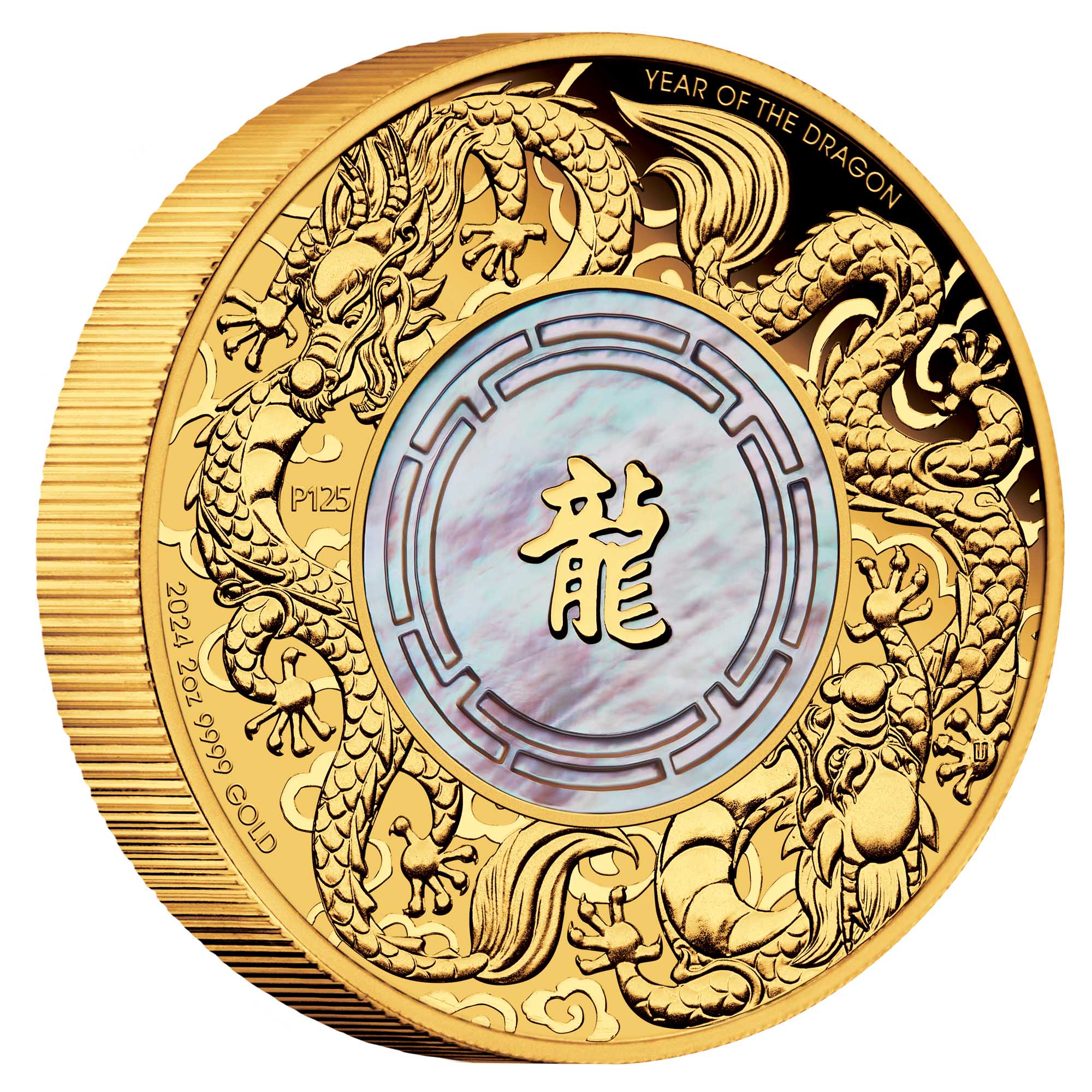 11 2024 Double Dragon with Mother of Pearl 2oz Gold Proof Coin On Edge HighRes