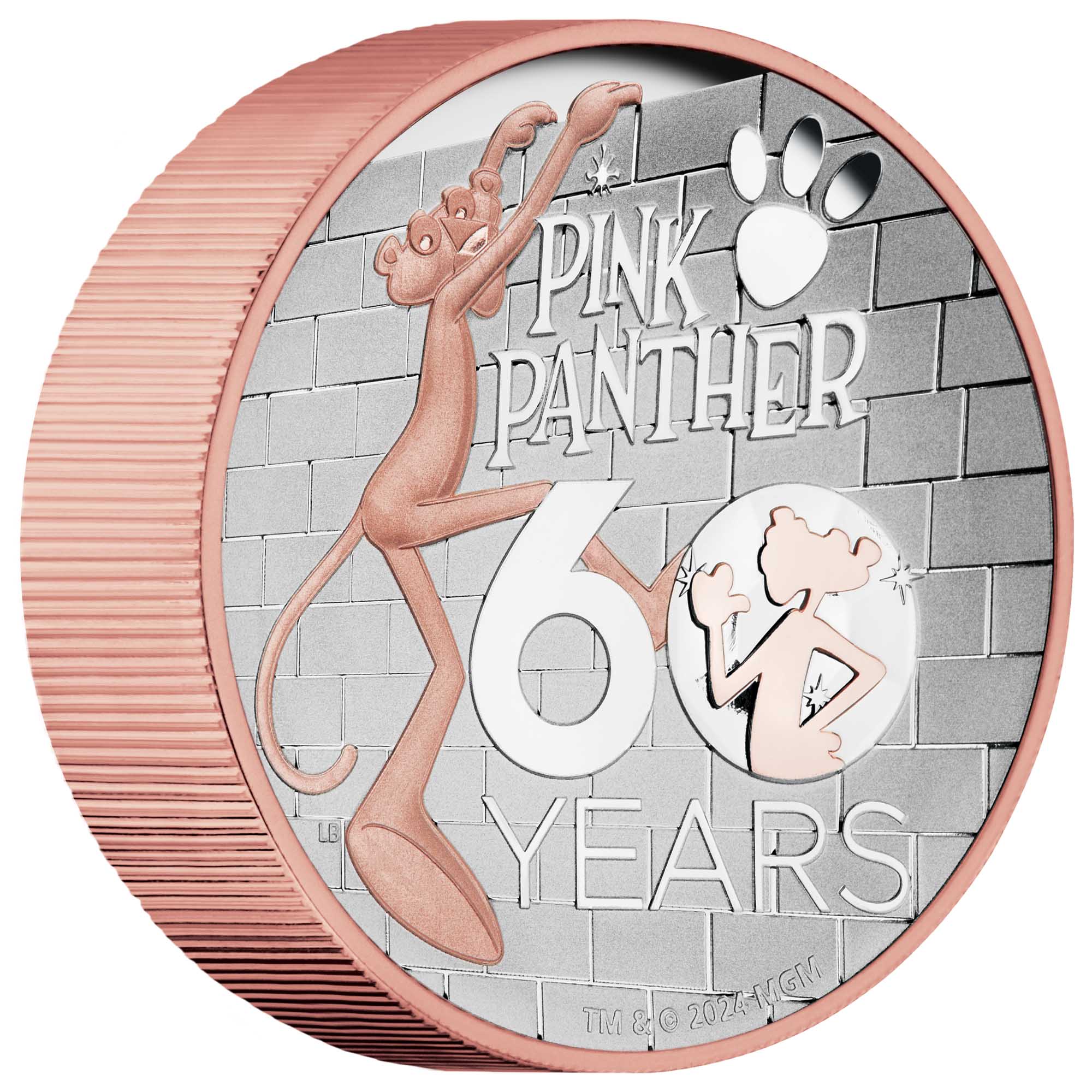 01 Pink Panther 60th Anniversary 2024 5oz Silver Proof High Relief Gilded Coin On Edge Hig