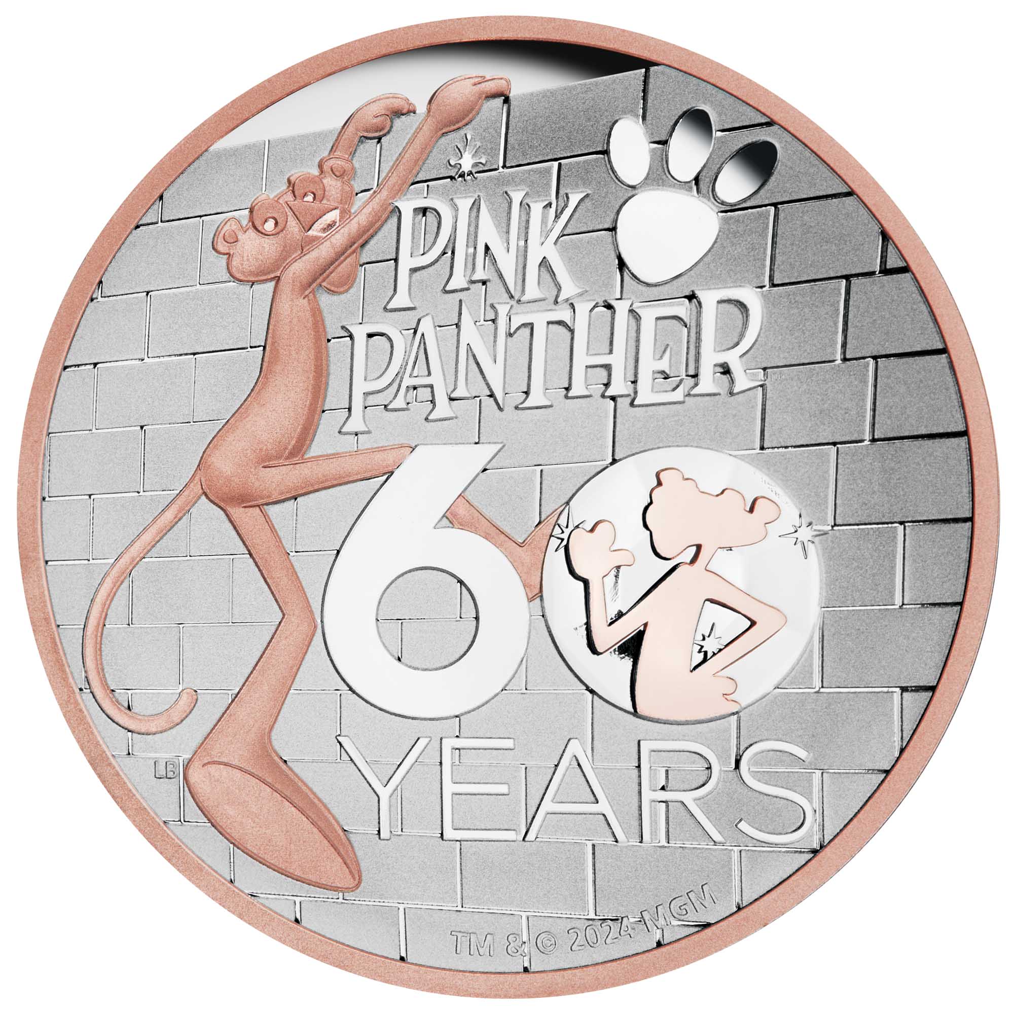 02 Pink Panther 60th Anniversary 2024 5oz Silver Proof High Relief Gilded Coin Straight On