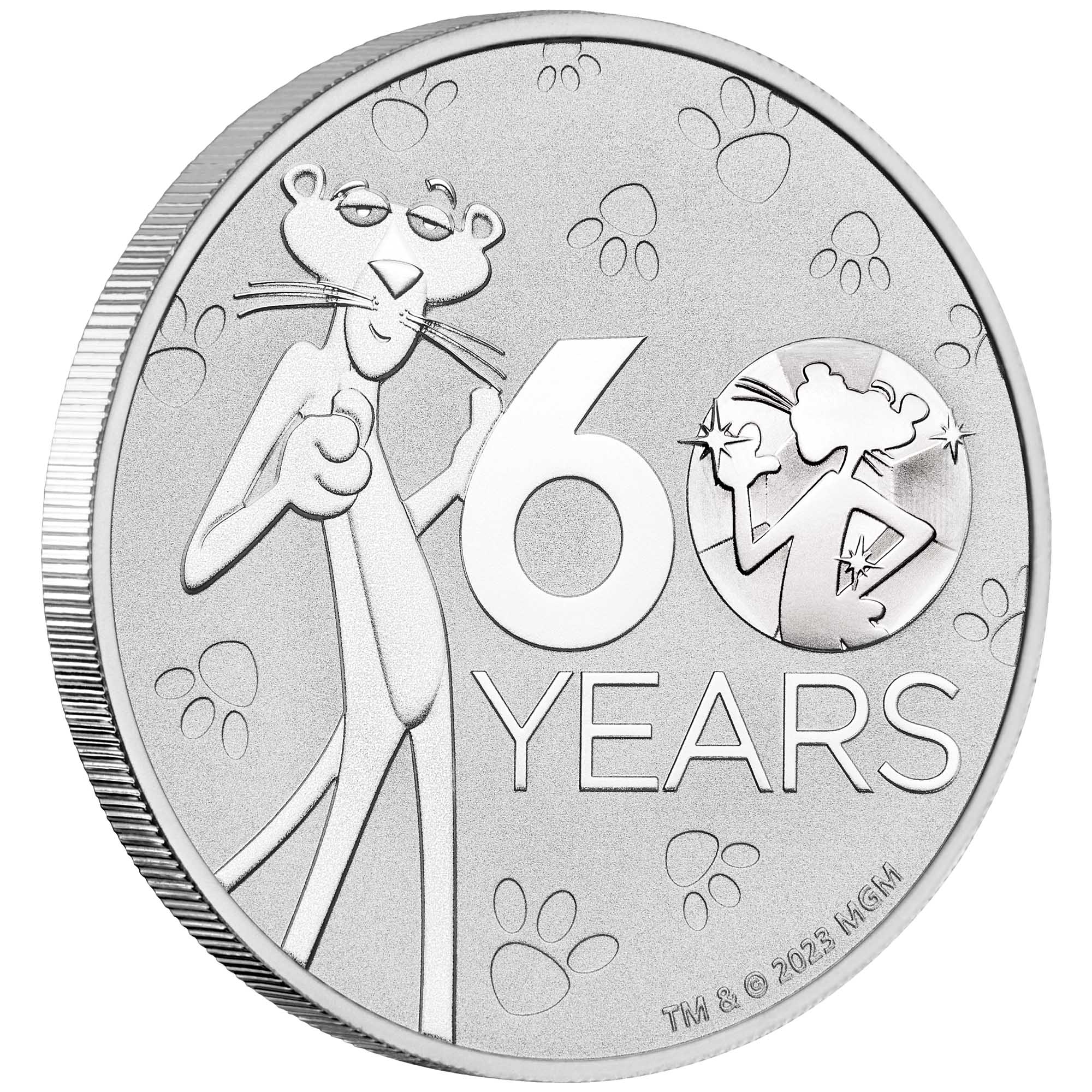 01 2023 Pink Panther 60thAnniversary 1oz  Silver Coin onEdge HighRes