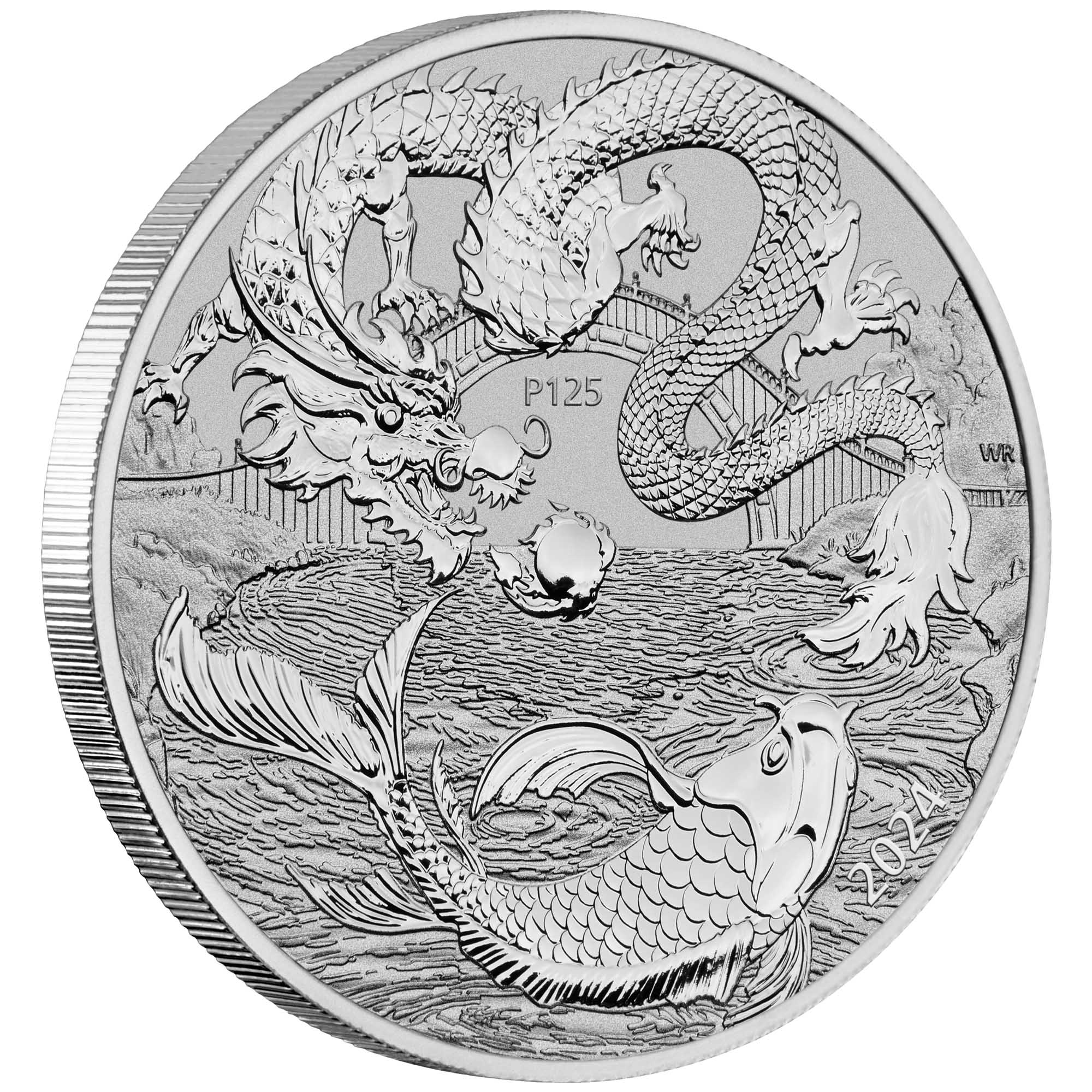 01 2024 Chinese Myths & Legends Dragon & Koi 1oz Platinum Reverse Proof Coin on edge HighRes