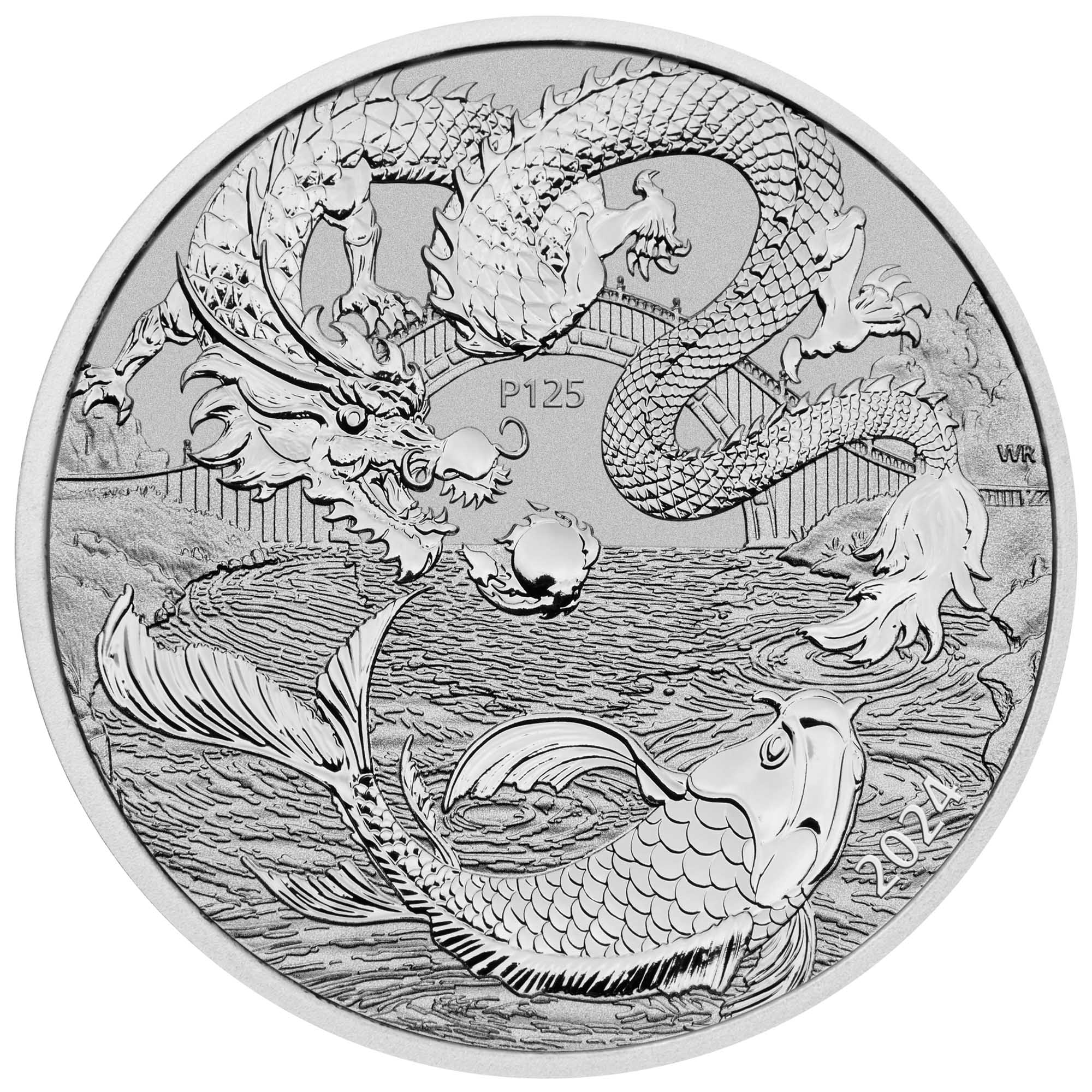 02 2024 Chinese Myths & Legends Dragon & Koi 1oz Platinum Reverse Proof Coin straight on HighRes
