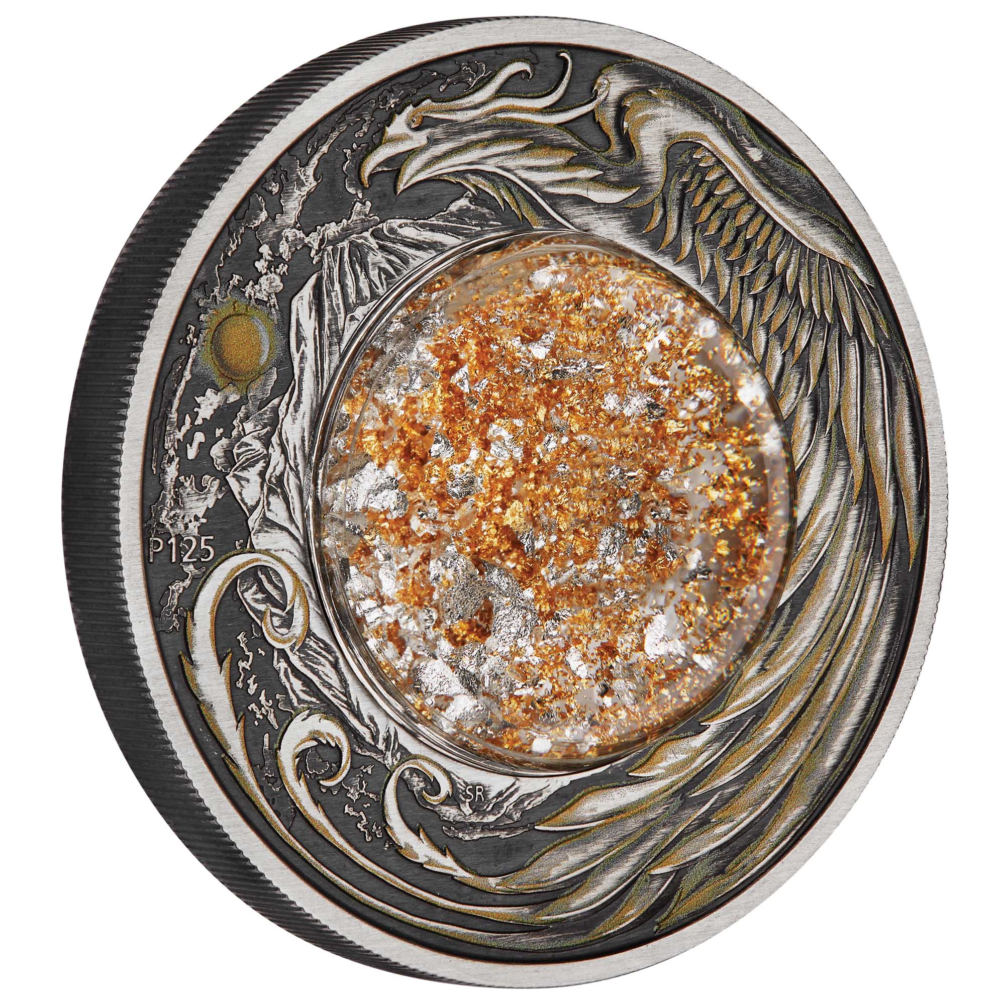 01 Alicanto 2024 2oz Silver Antiqued Coloured Coin on edge HighRes