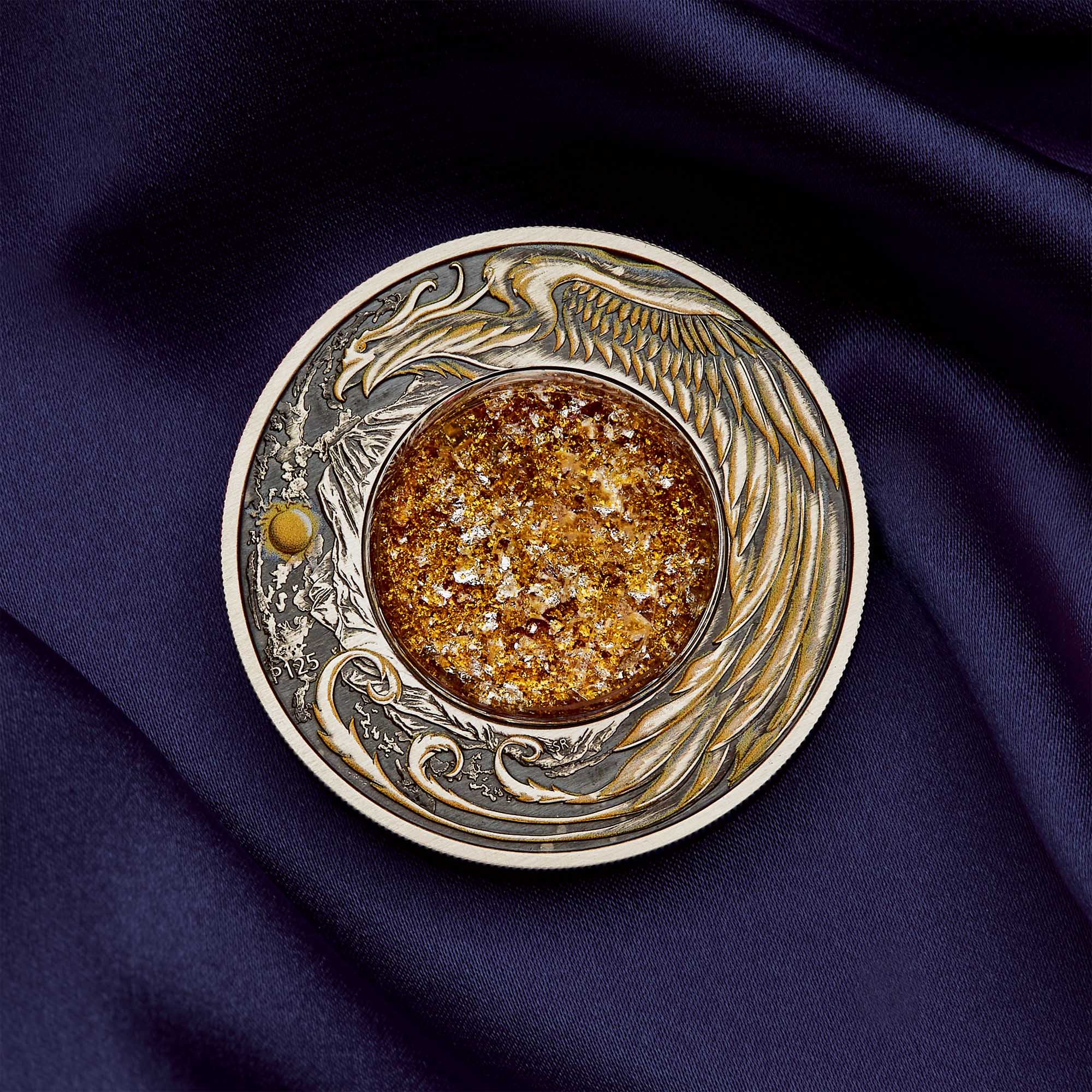 09 Alicanto 2024 2oz Silver Antiqued Coloured Coin Macro CROPPED