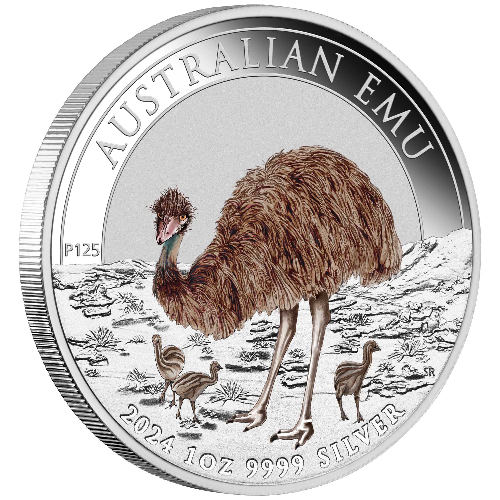 01 2024 Australian Emu 1oz Silver Bullion Coloured Coin OnEdge HighRes