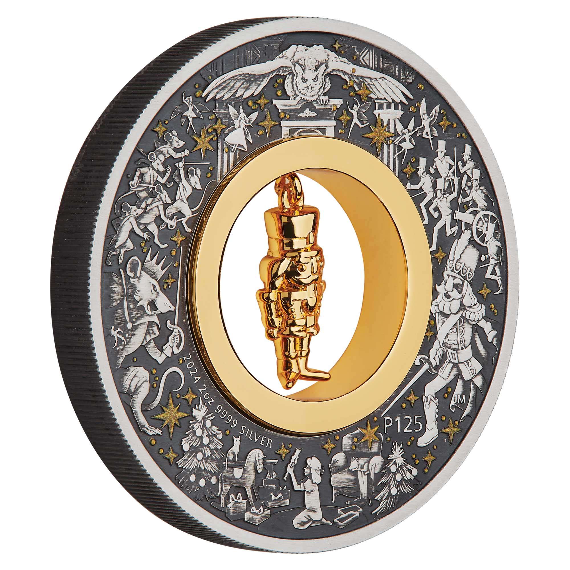 01 The Christmas Nutcracker 2024 2oz Silver Antiqued Coloured Coin on edge HighRes