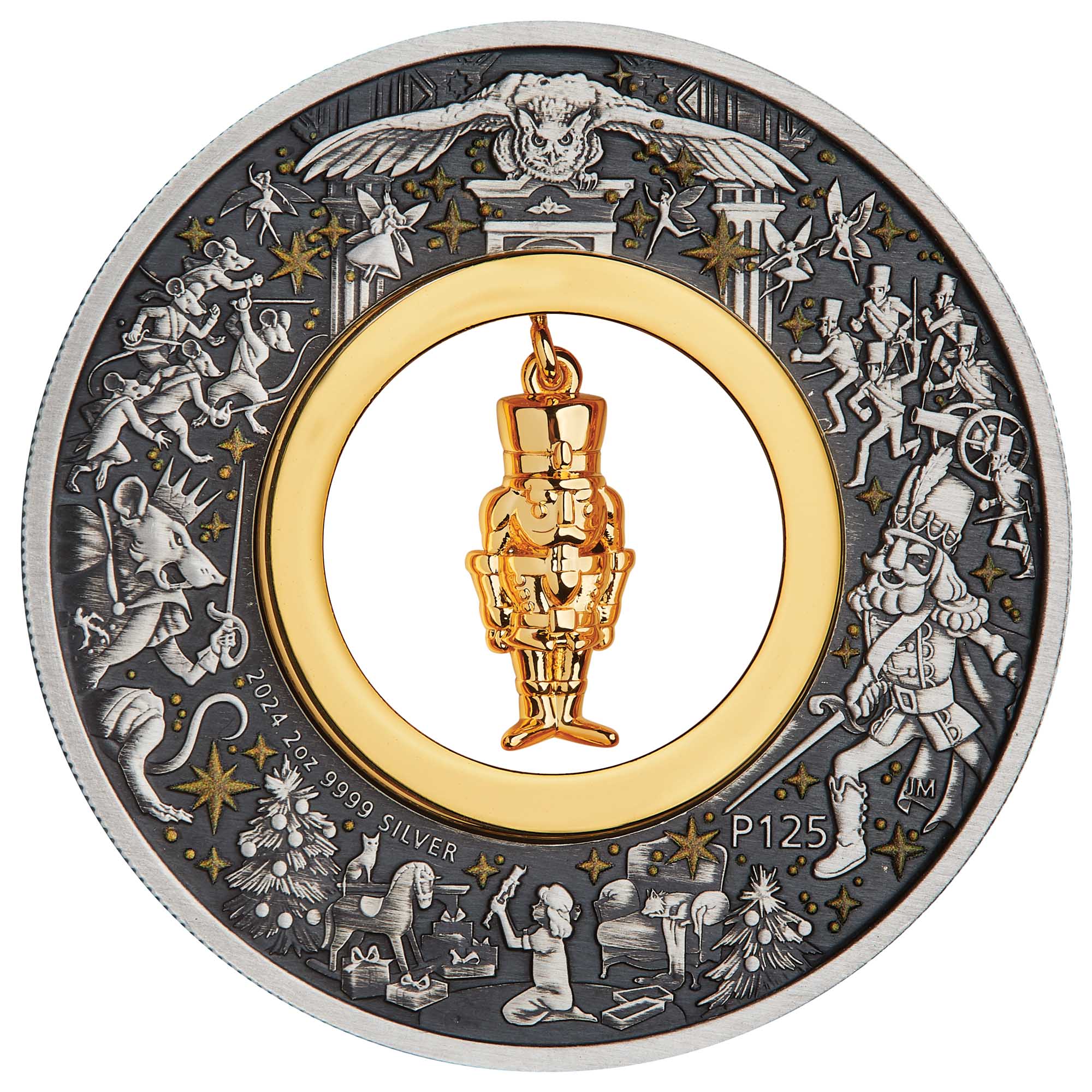 02 The Christmas Nutcracker 2024 2oz Silver Antiqued Coloured Coin straight on HighRes