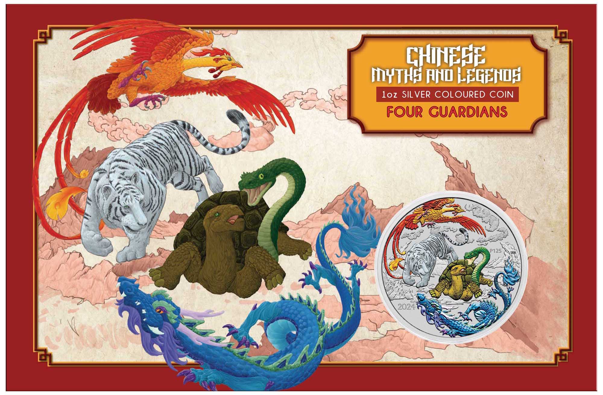07 2024 Chinese Myths & Legends Four Mythical Guardians Blue 1oz Silver Bullion Coloured Coin i