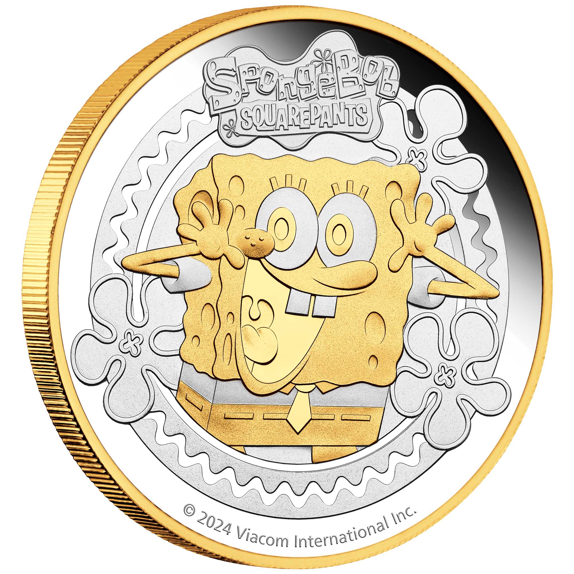 01 SpongeBob SquarePants 2024 2oz Silver Gilded Coin On Edge HighRes