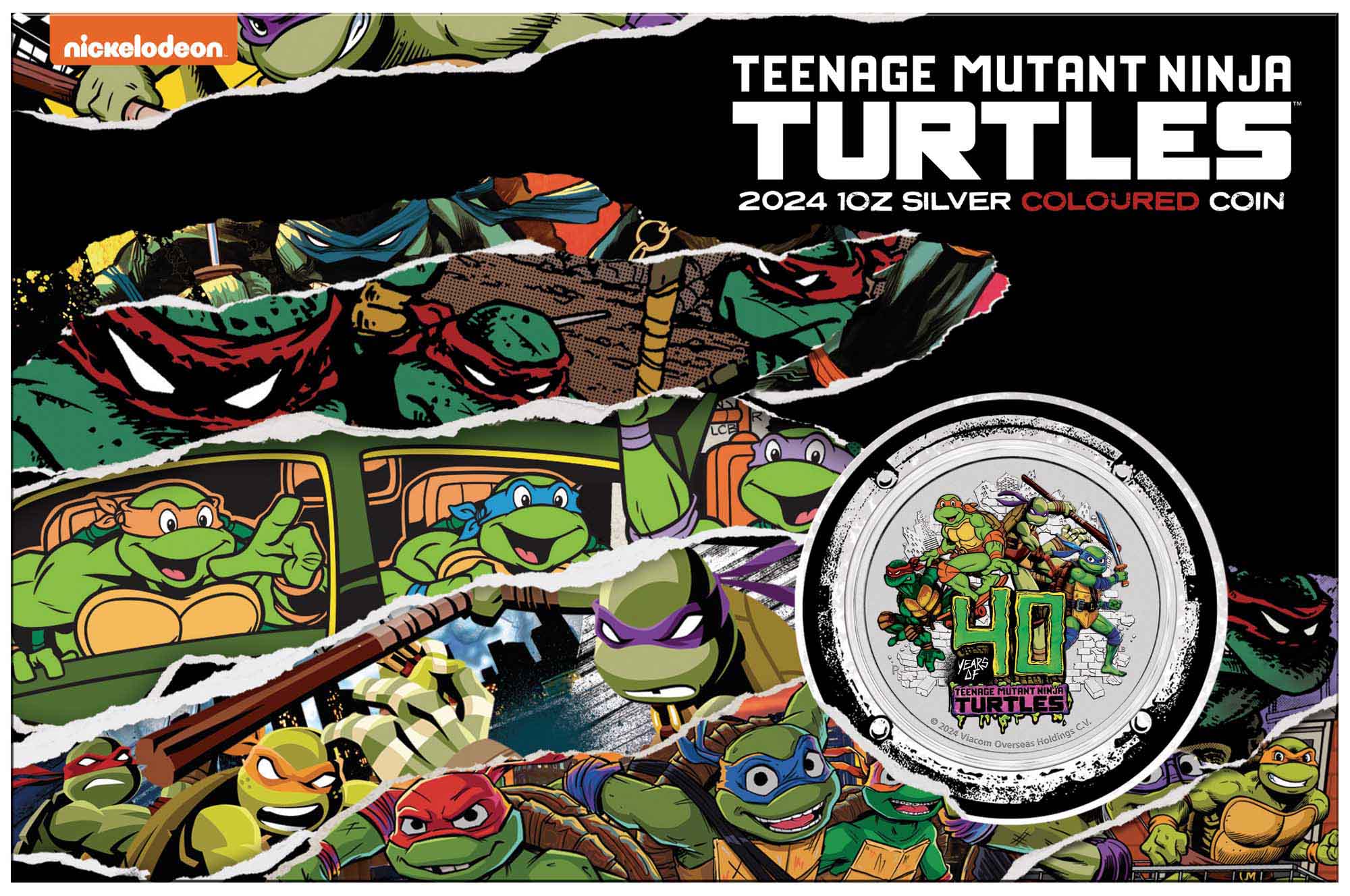 0 Teenage Mutant Ninja Turtles 40th Anniversary 2024 1oz Silver Coloured Coin In Card Obverse In Card CROPPED