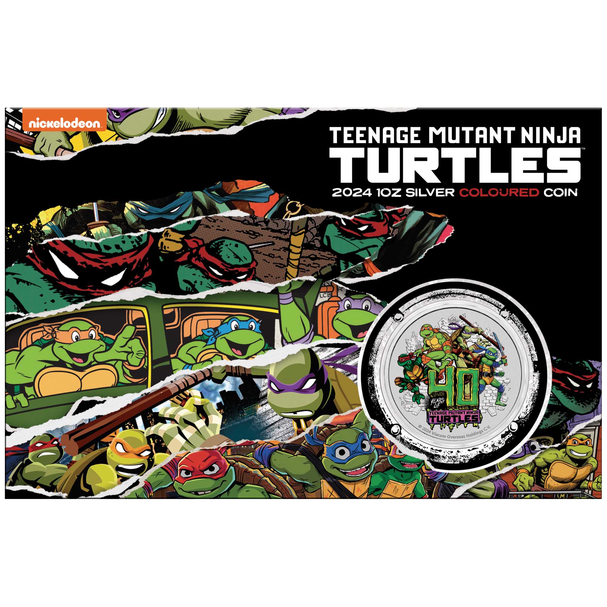 0 Teenage Mutant Ninja Turtles 40th Anniversary 2024 1oz Silver Coloured Coin In Card Obverse In Card HighR
