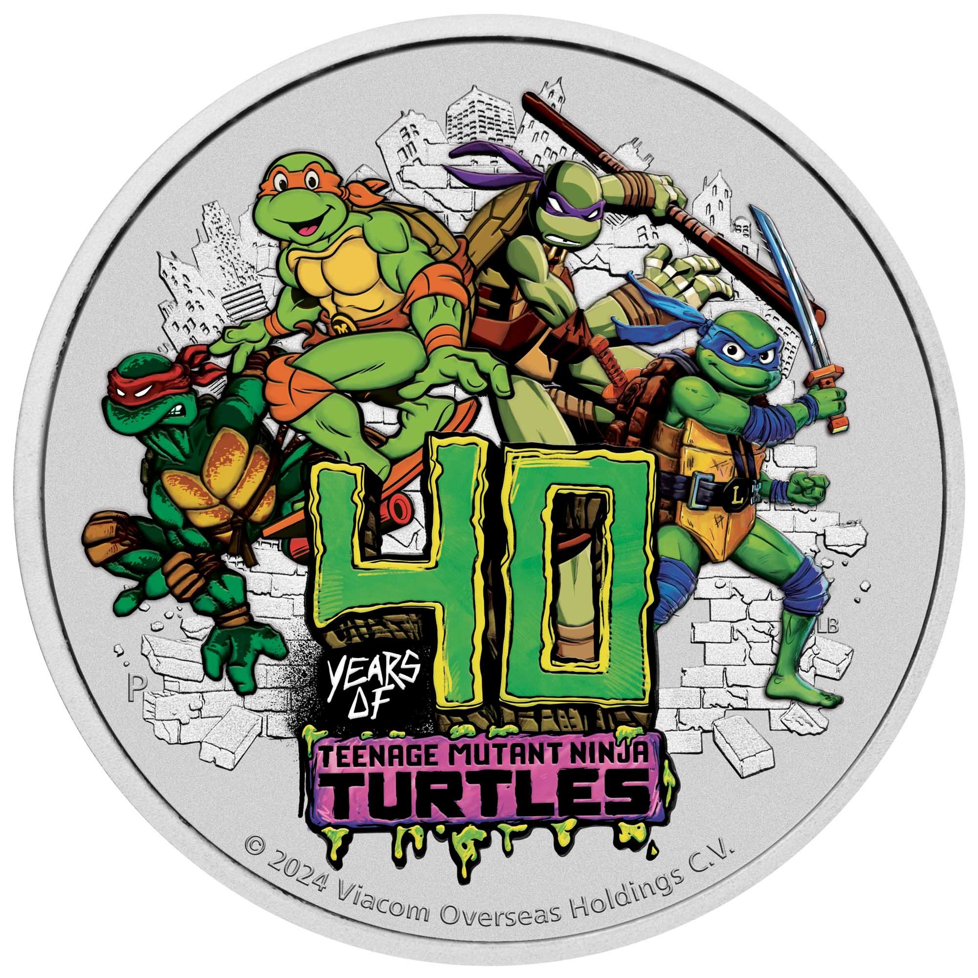 02 Teenage Mutant Ninja Turtles 40th Anniversary 2024 1oz Silver Coloured Coin In Card StraightOn HighRes