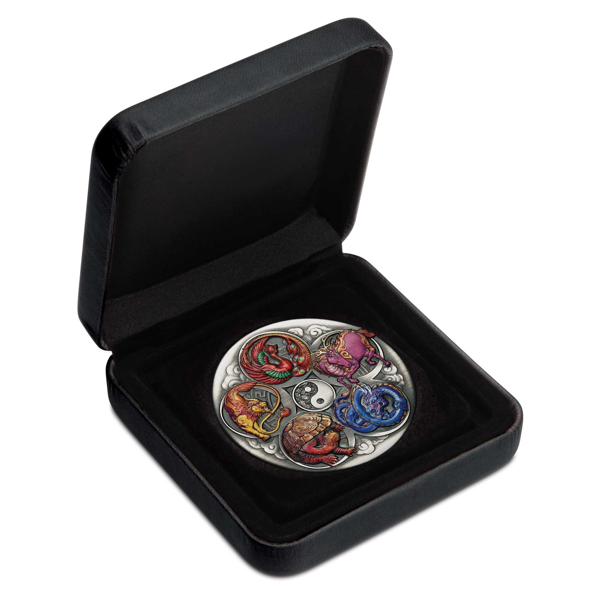 04 2024 Five Auspicious Creatures 5oz Silver Antiqued Coloured Coin in case HighRes