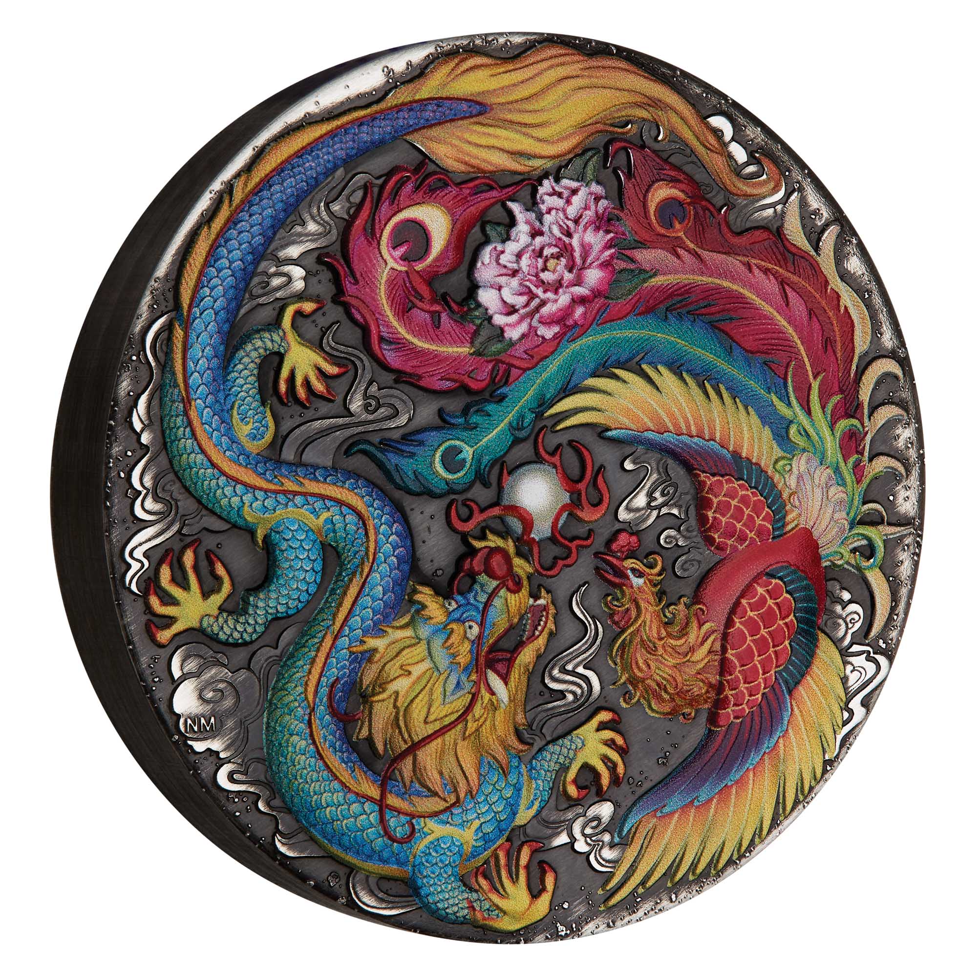 01 2024 Dragon and Phoenix 5oz Silver Coloured Antiqued Coin on edge HighRes