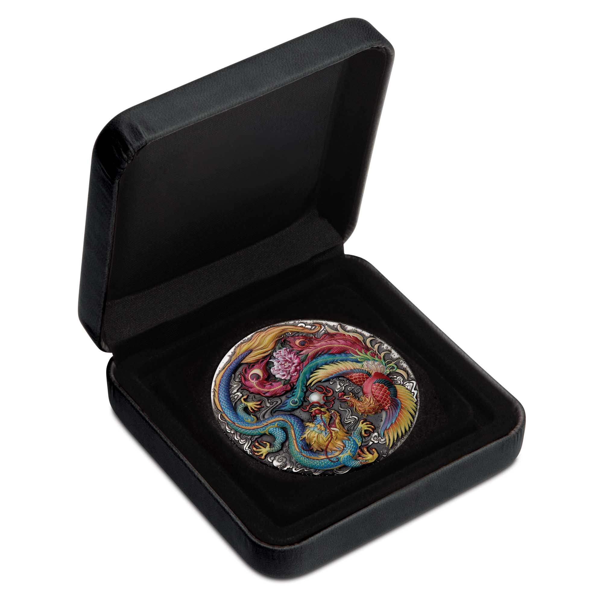 04 2024 Dragon and Phoenix 5oz Silver Coloured Antiqued Coin in case HighRes