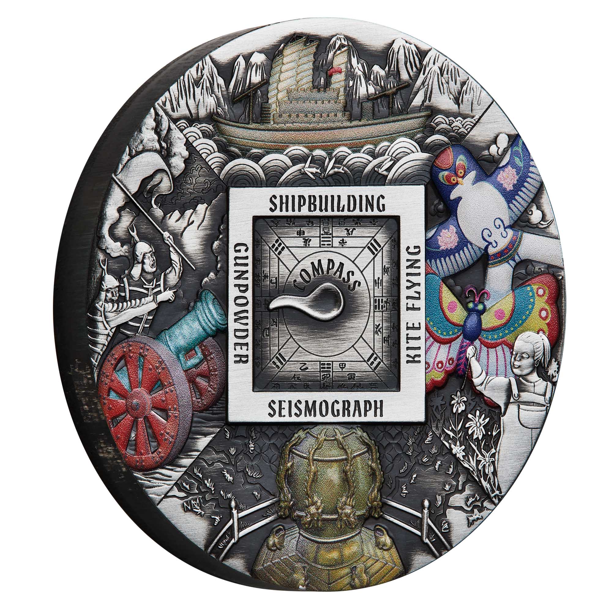 01 2024 Chinese Ancient Inventions 5oz Silver Antiqued Coloured Coin on edge HighRes