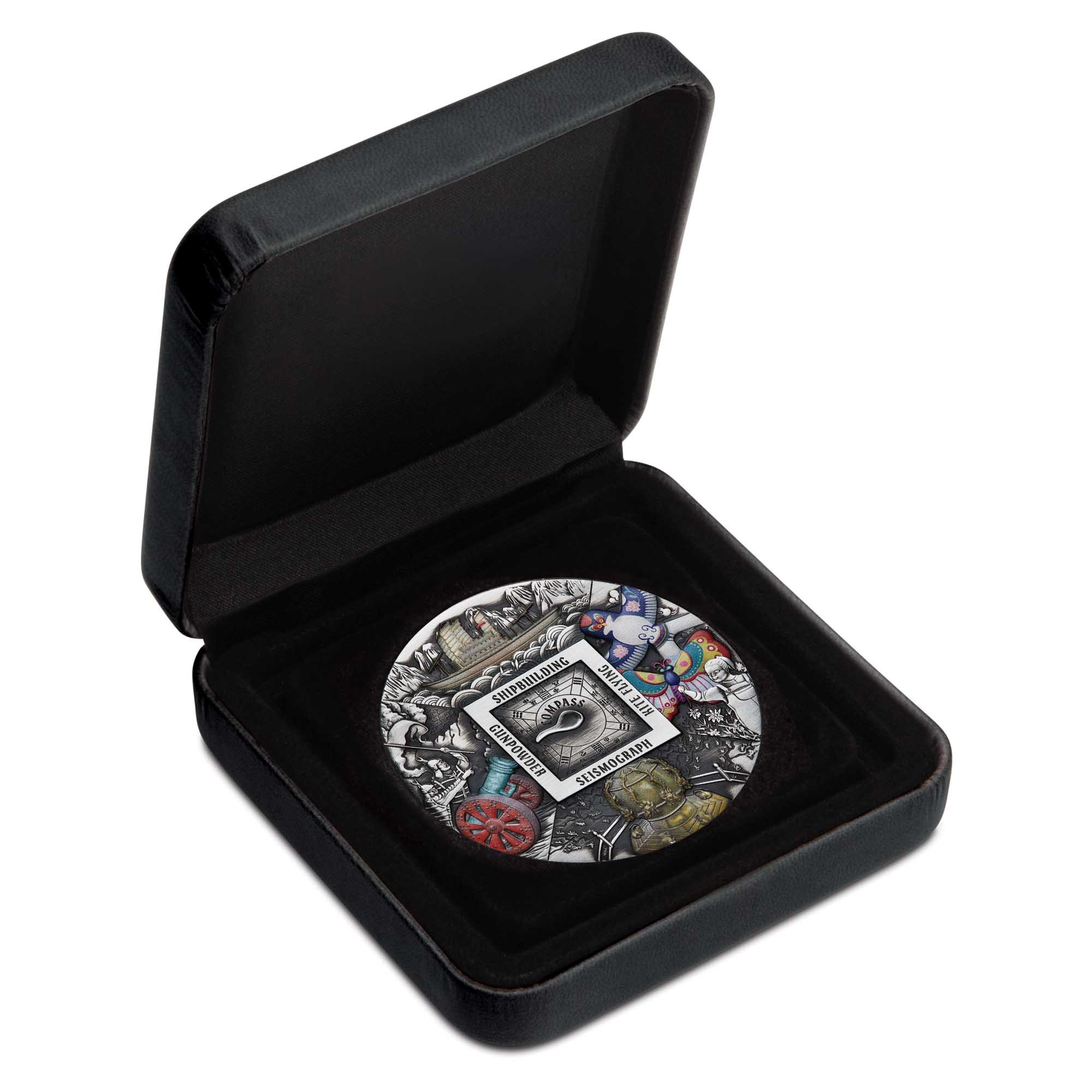 04 2024 Chinese Ancient Inventions 5oz Silver Antiqued Coloured Coin in case HighRes
