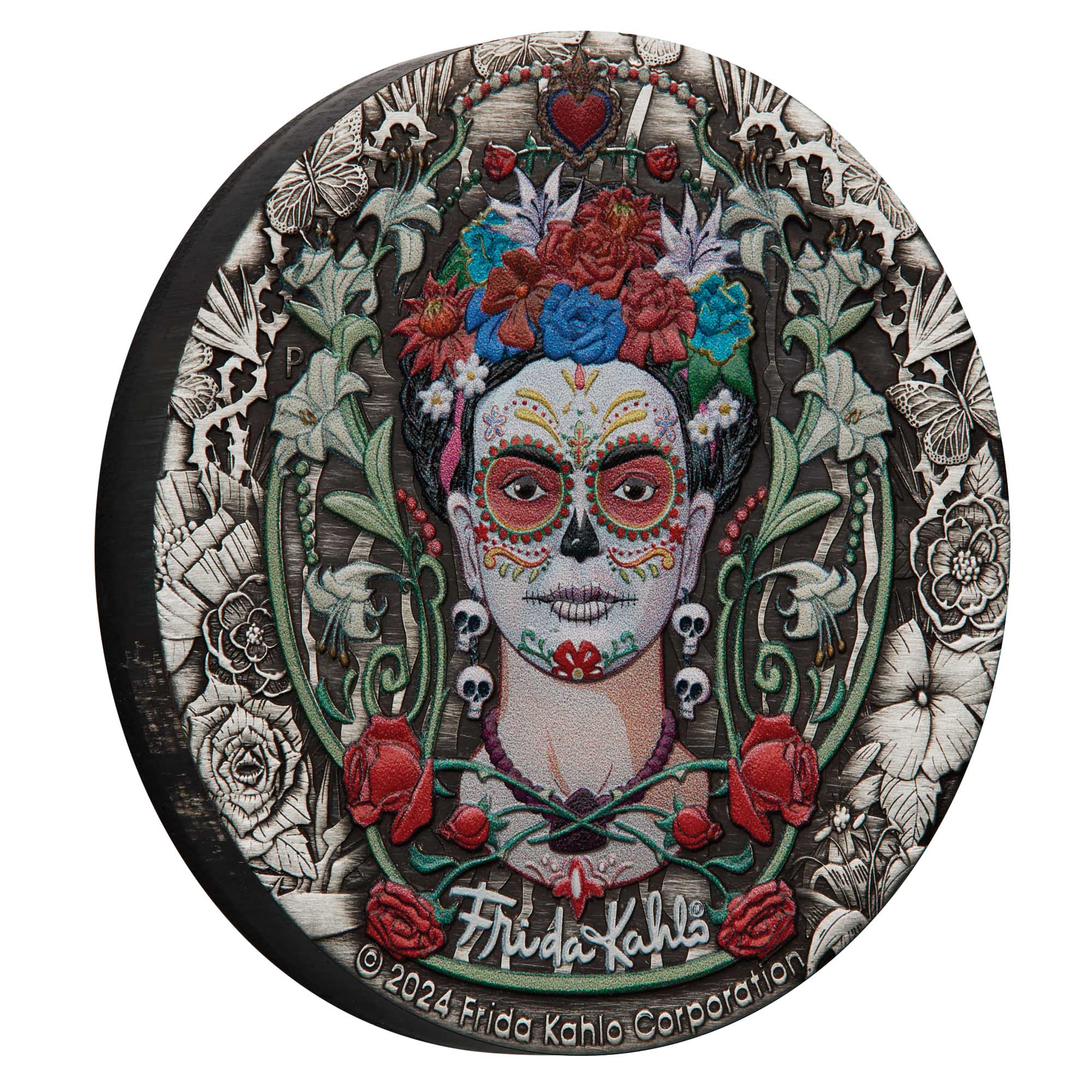 01 2024 Frida Kahlo 2oz Silver Coloured Antiqued Coin on edge HighRes