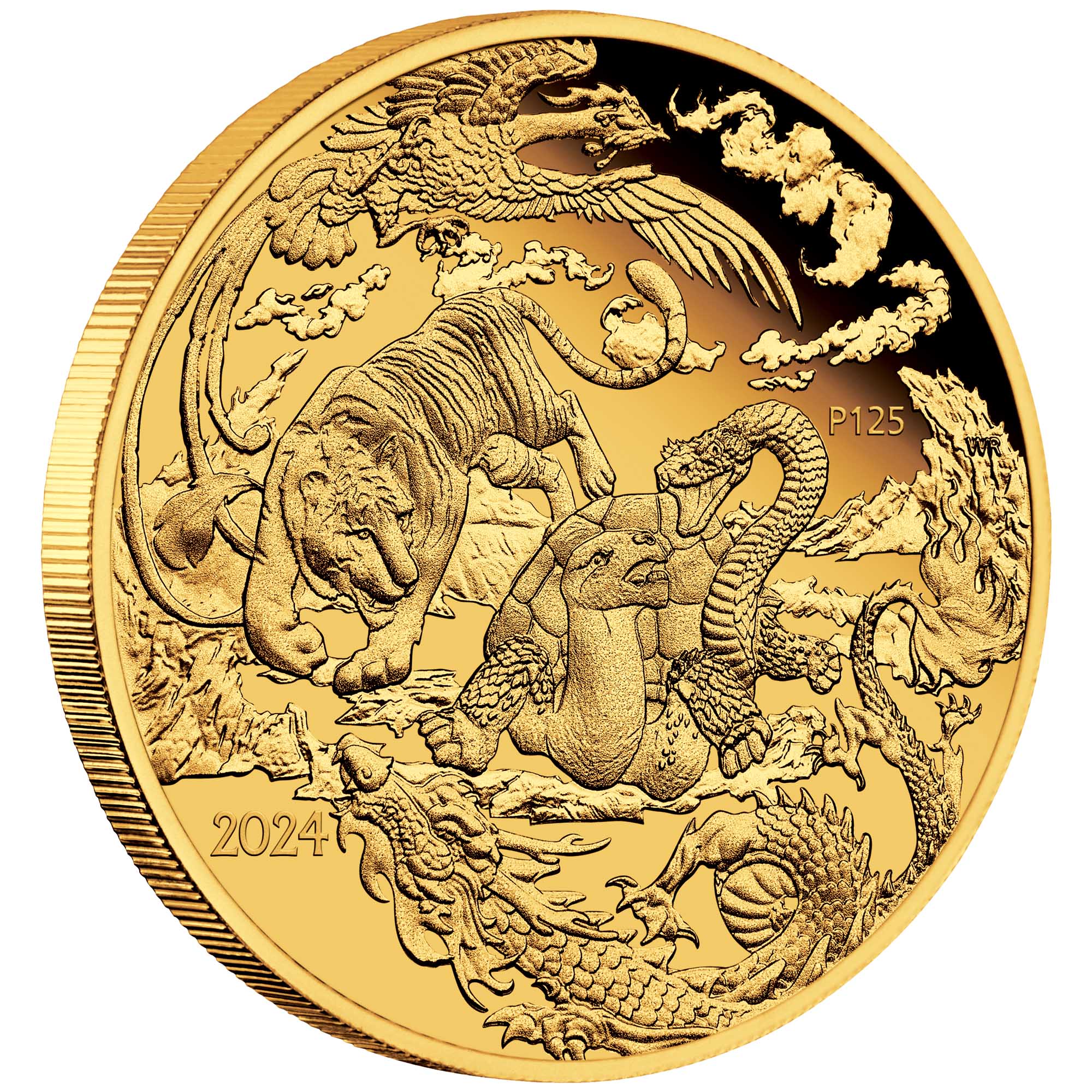 01 2024 Chinese Myths & Legends Four Mythical Guardians  1oz Gold Proof Coin on edge HighRes