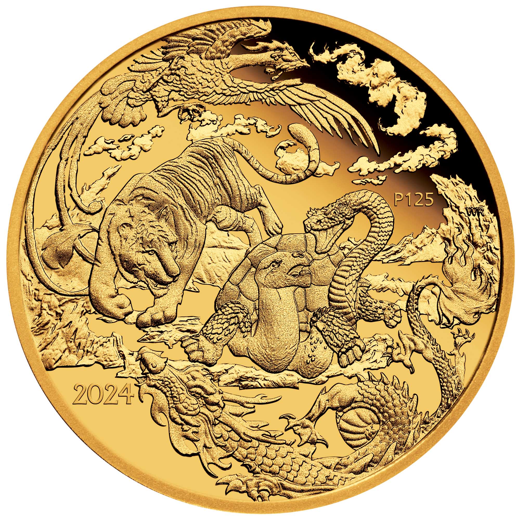02 2024 Chinese Myths & Legends Four Mythical Guardians  1oz Gold Proof Coin straight on HighRes
