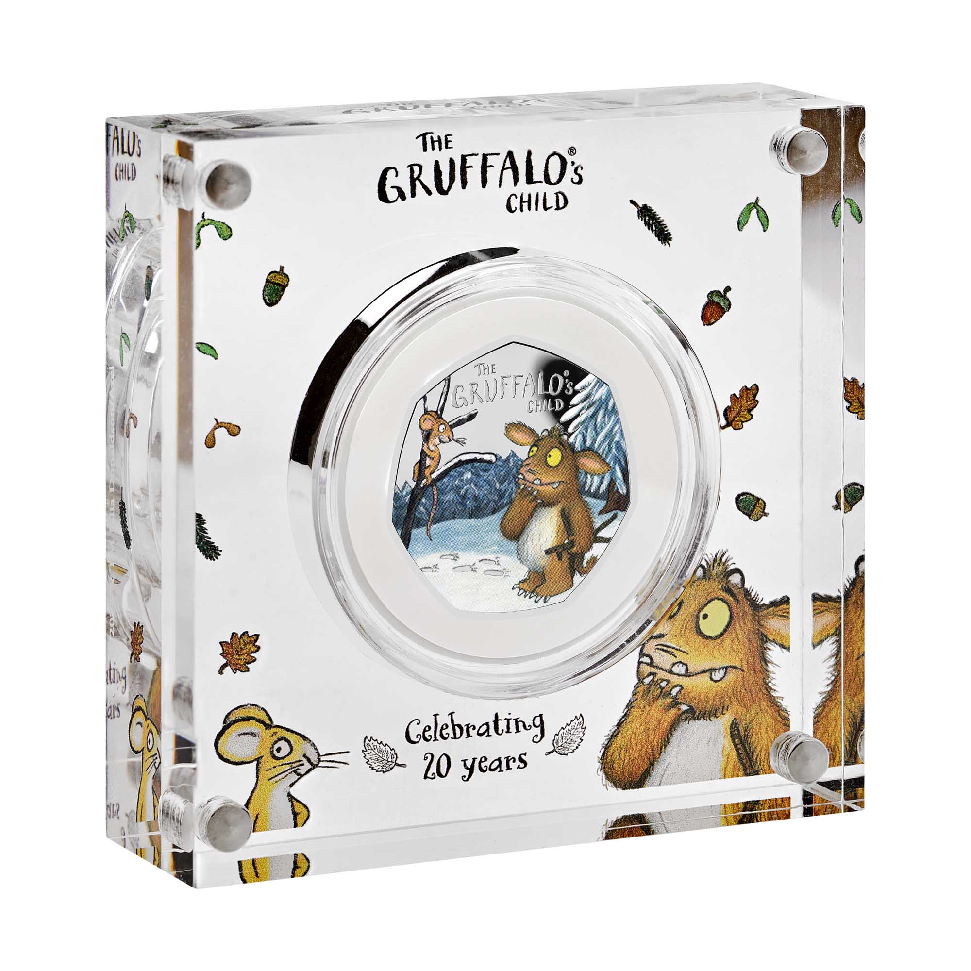 04 UK24GCSP The Gruffalos Child 2024 UK 50p Silver Proof Colour Coin reverse in acrylic block right