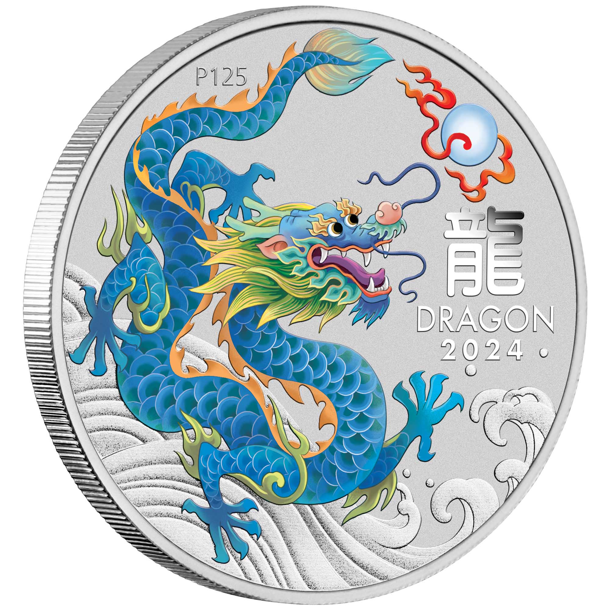 02 2024 Year of the Dragon 1oz  Silver Teal Coloured Coin in Card  on edge HighRes