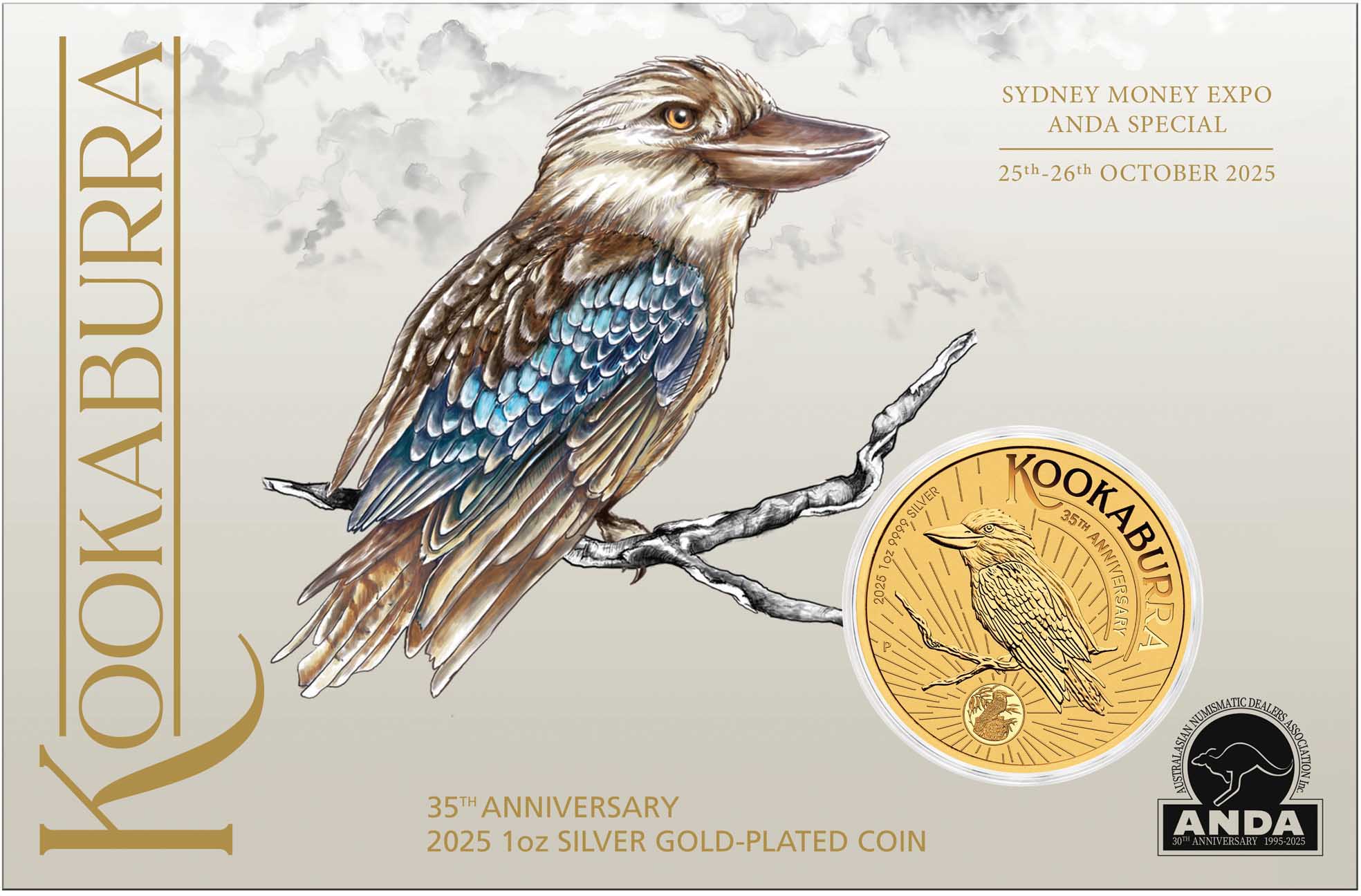 06 Sydney ANDA Show Special Australian Kookaburra 2025 1oz Silver Gold Plated Coin with Privy In Card Reverse In Card Front Cropped