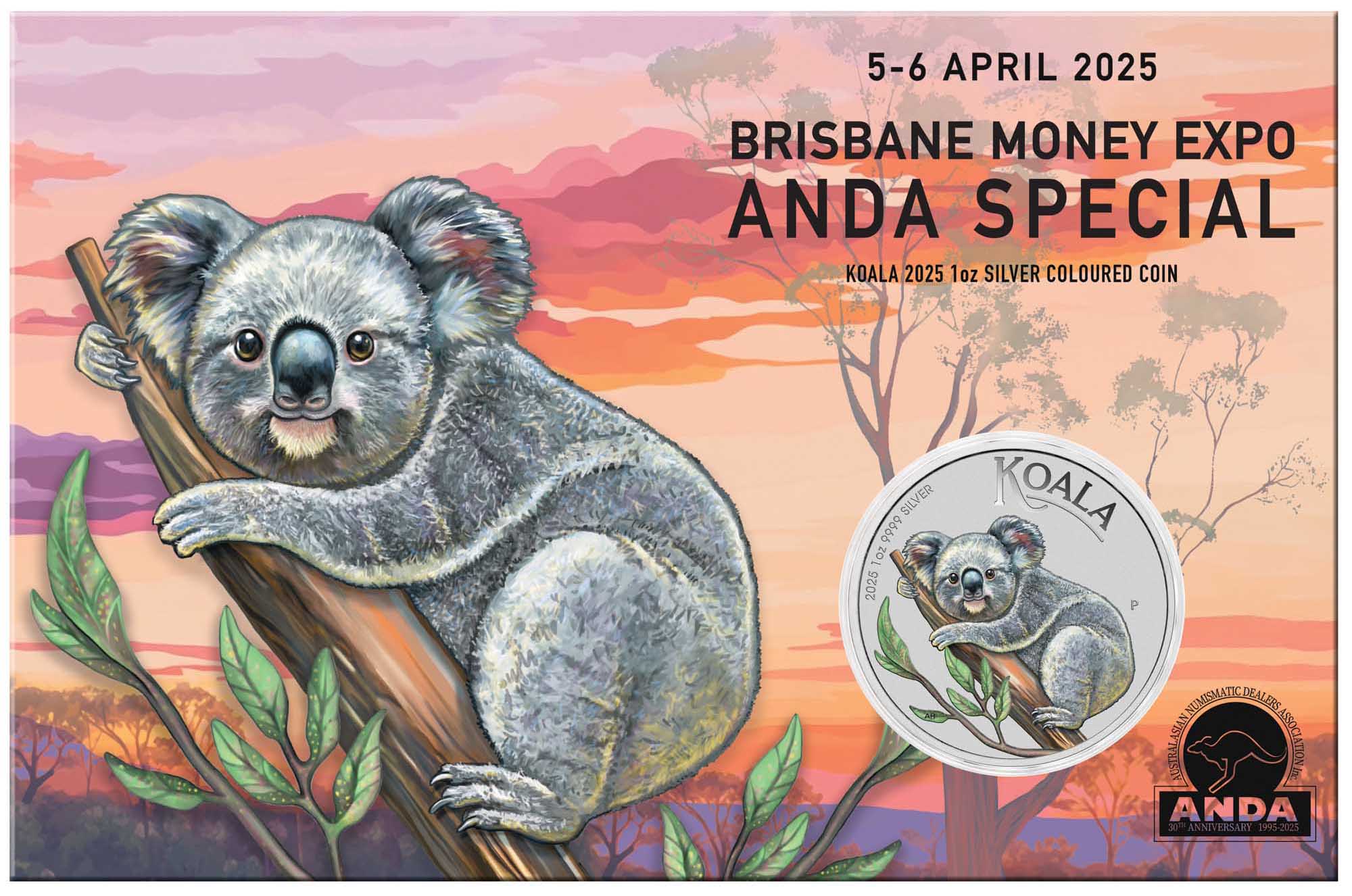 05 2025 Brisbane ANDA Show Special Koala 1oz Silver Coloured Coin In Card Front CROPPED